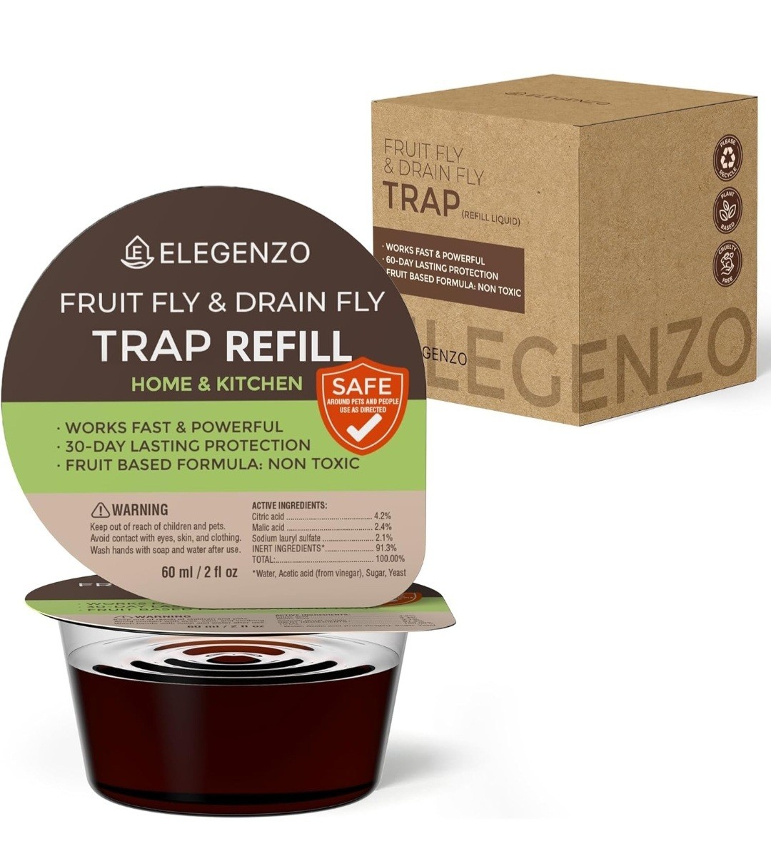 Elegenzo Fruit Fly Traps, Indoors, Drain Fly, Reusable Trap With 2 Bait Refills