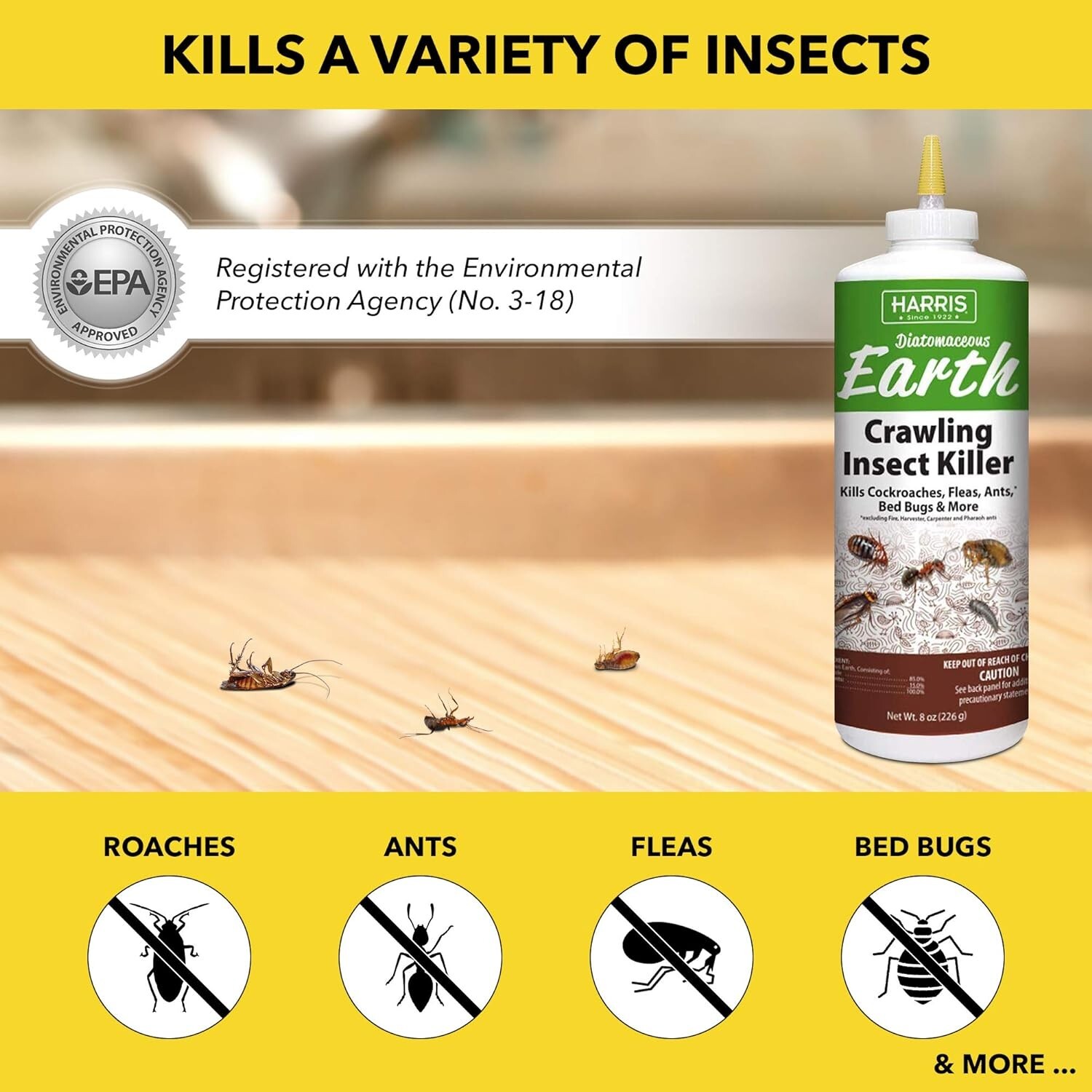 Harris Diatomaceous Earth Crawling Insect Killer, 8oz for Roaches, Fleas, Ants,