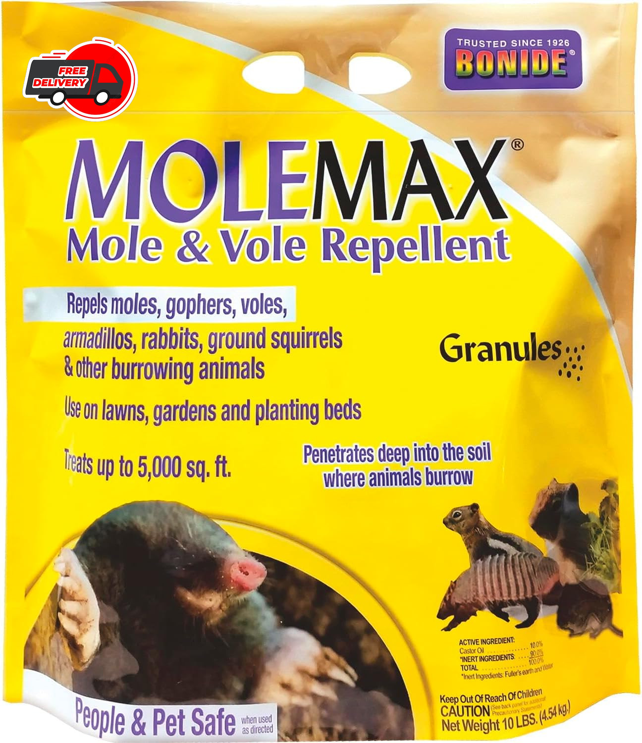 Bonide MOLEMAX Mole & Vole Repellent Granules, 10 Lbs. Ready-To-Use, Outdoor Law