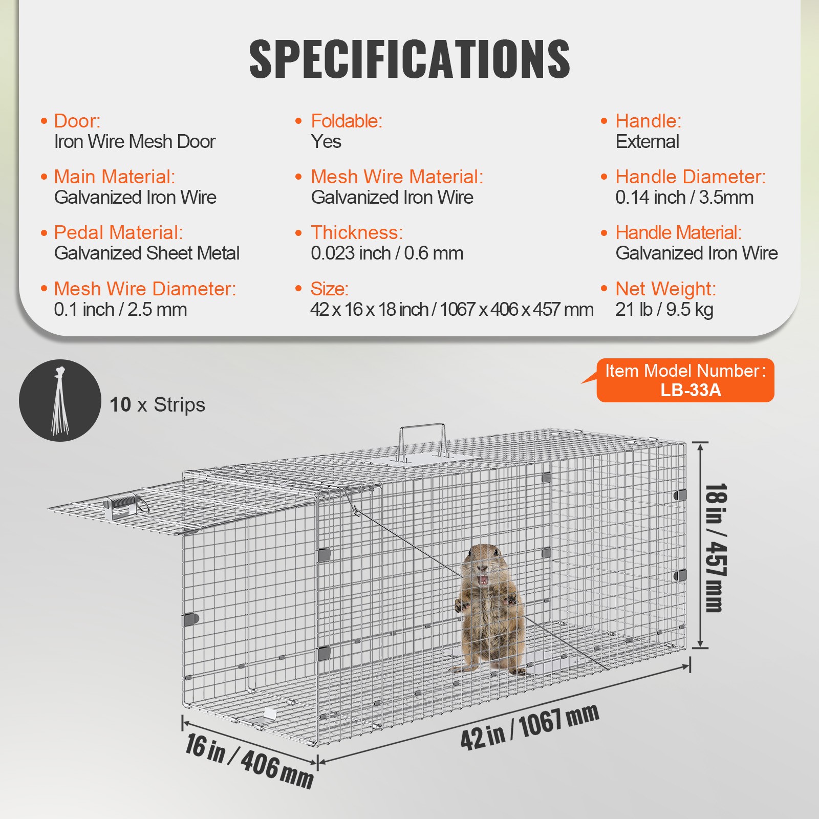 VEVOR Live Animal Cage Trap 42″ x 16″ x 18″ Humane Cat Trap Cats Squirrels Mouse