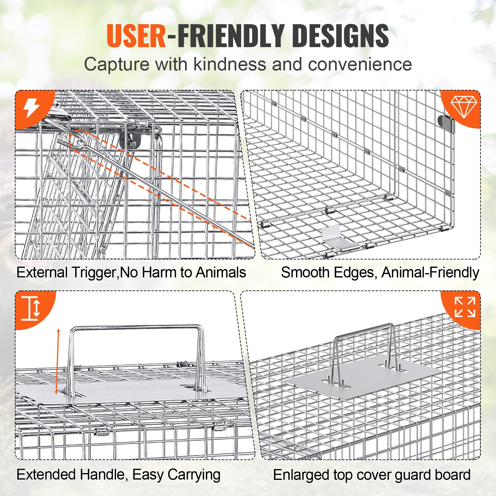 VEVOR Live Animal Cage Trap 42″ x 16″ x 18″ Humane Cat Trap Cats Squirrels Mouse