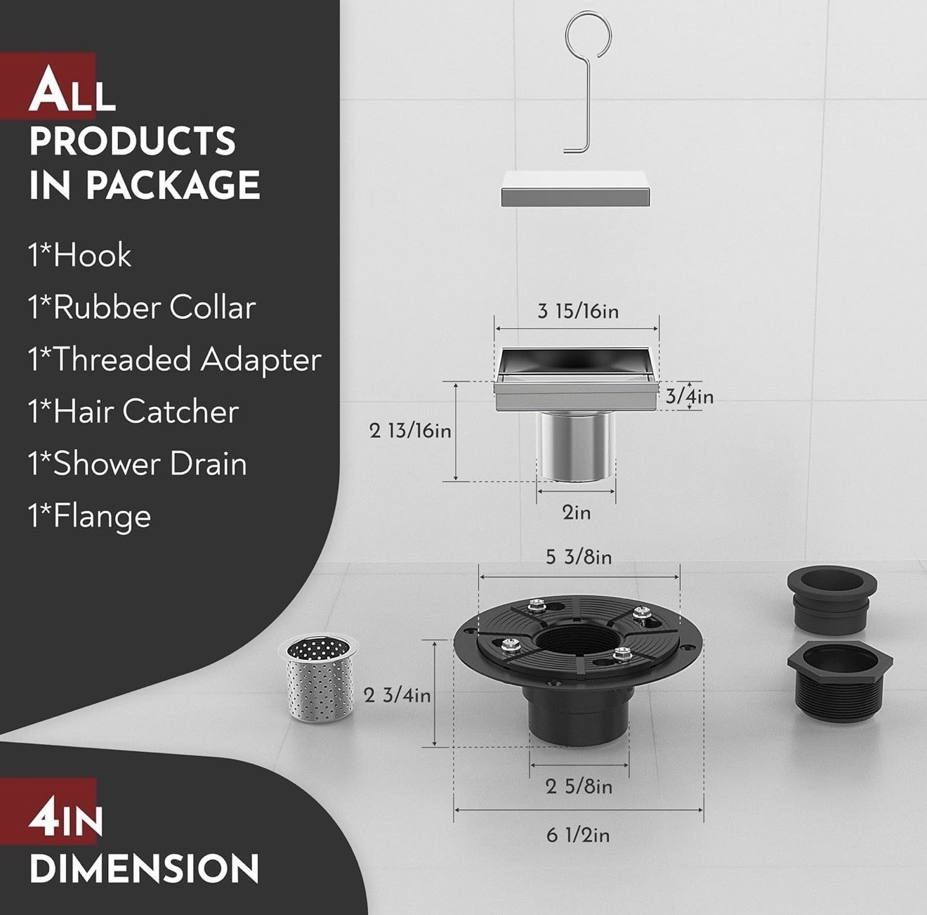 WEBANG 4 Inch Shower Square Drain Brushed Floor Drain with Flange Reversible