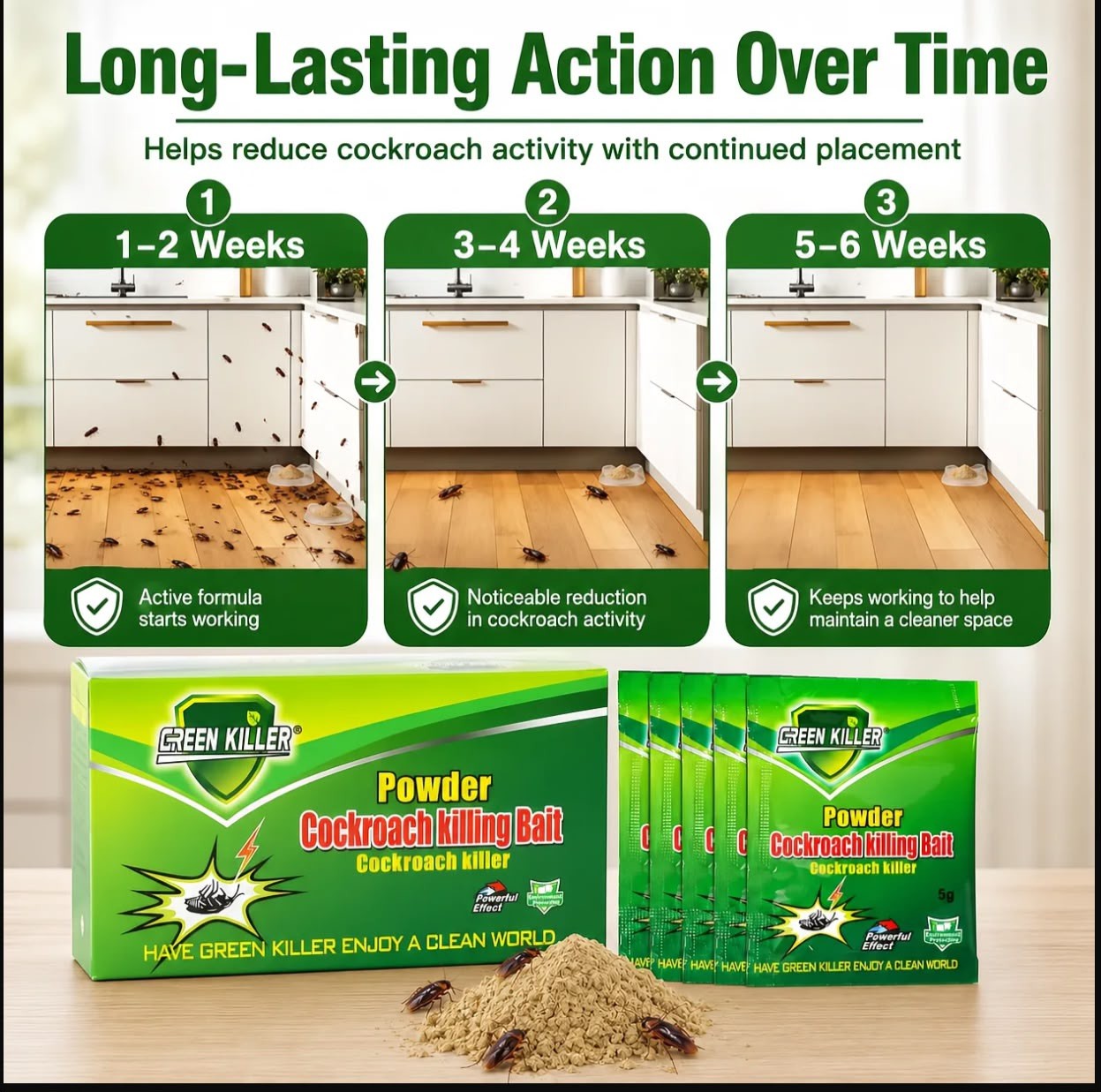 Green Killer Cockroach Killing Powder Bait, Roach Killing Bait Method, 5 g 50pcs