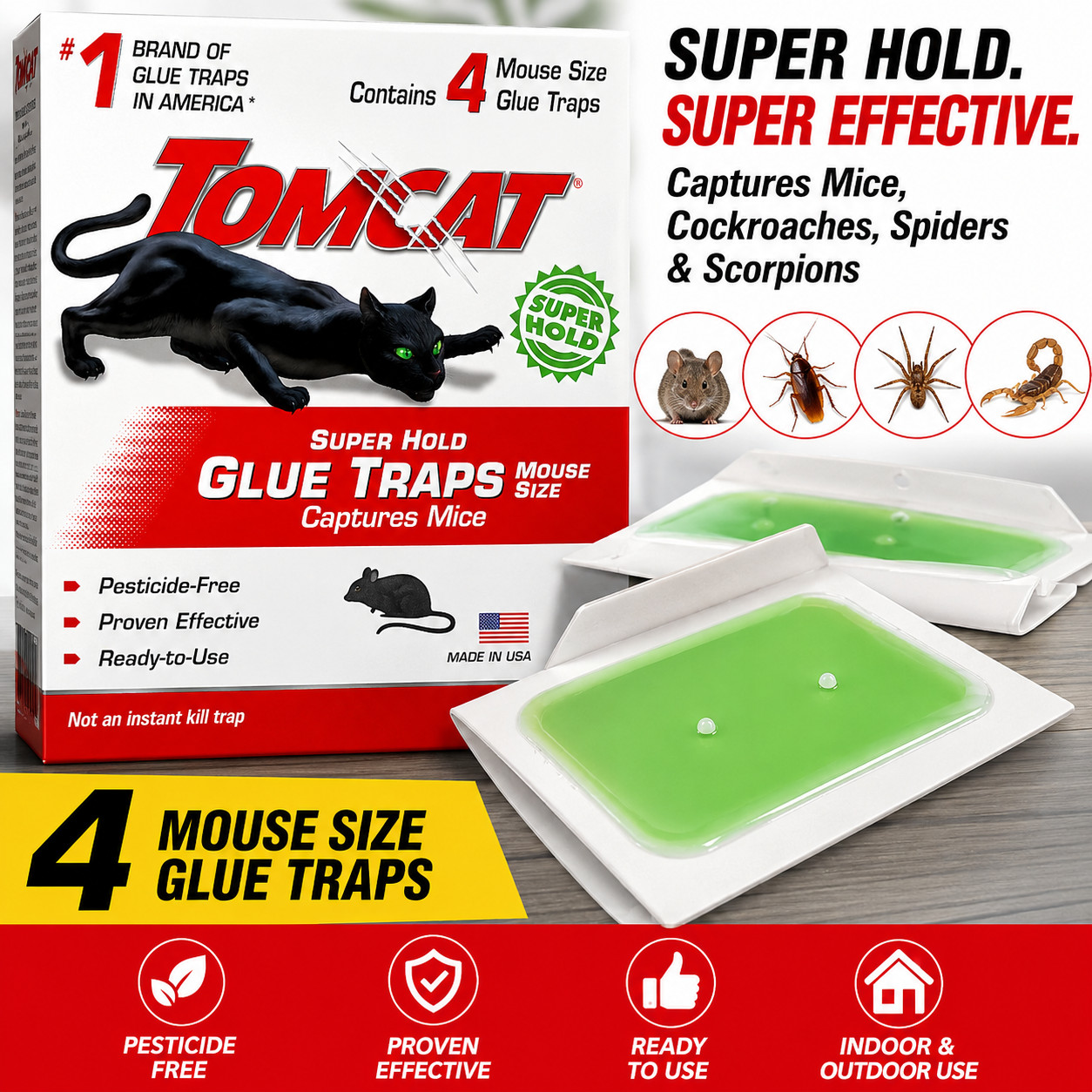 Tomcat Super Hold Glue Traps 4 Pack for Mice Cockroaches Spiders Scorpions