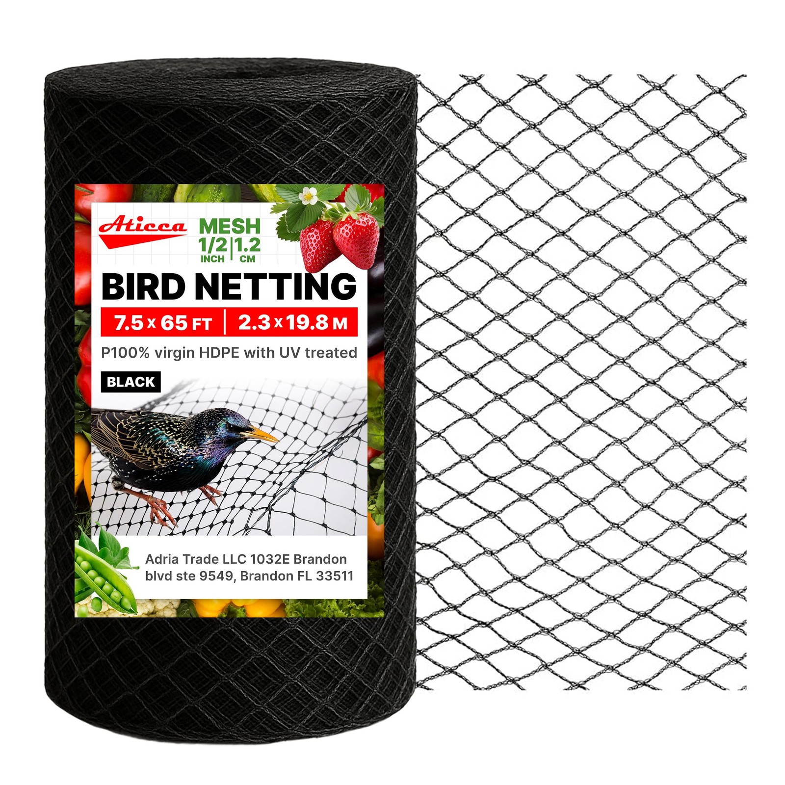 1 PCS Black Heavy Duty Bird Netting 7.5×65 Ft 10 Stakes Durable Nylon Mesh
