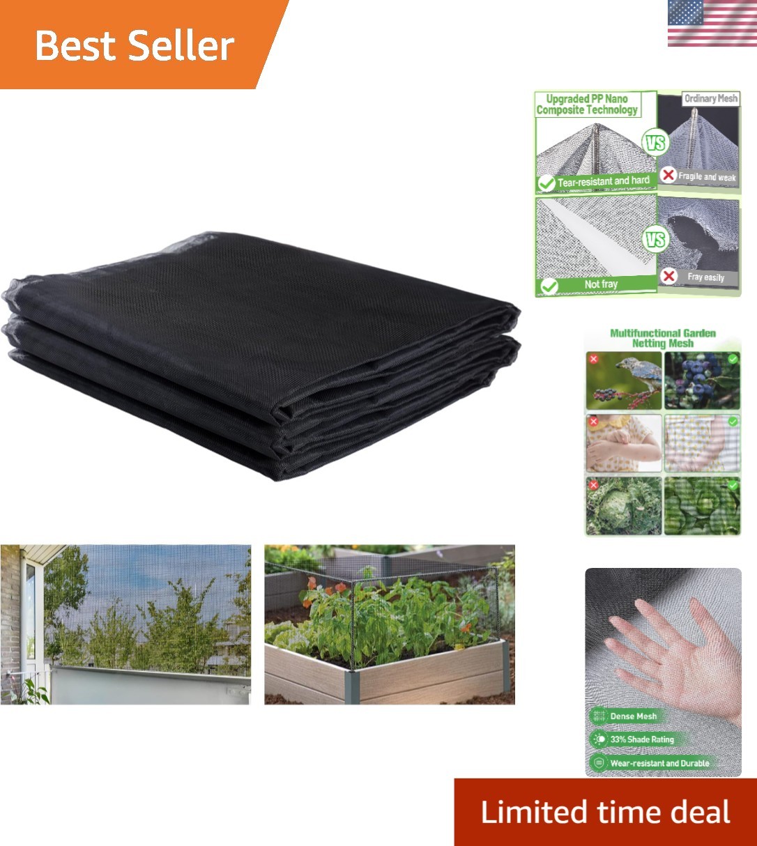 Stronger 10 x 12 ft Polypropylene Garden Net with 33% Shade for Protection