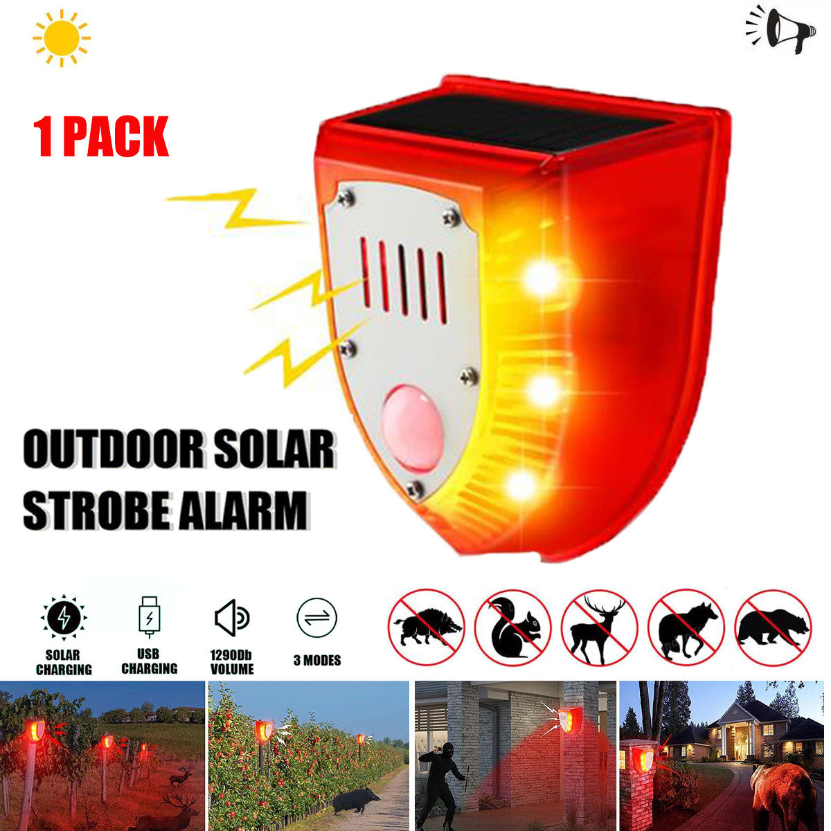 1-4pcs Solar Power Motion Sensor Sound Light Alarm Dog Barking Gunshots Repeller