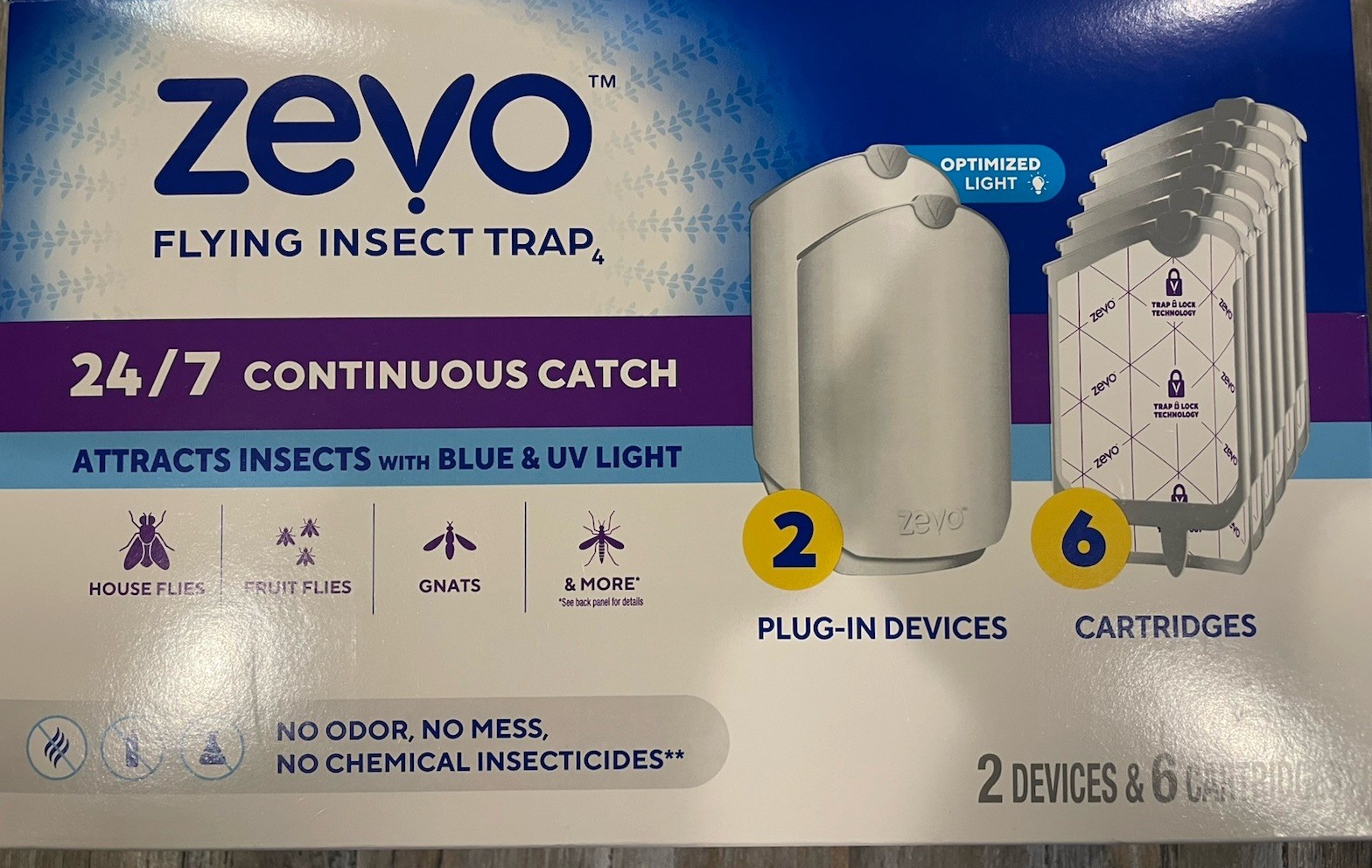 Zevo Flying Insect Trap (2 Plug-in Bases + 6 Cartridges) Featuring Blue UV Light