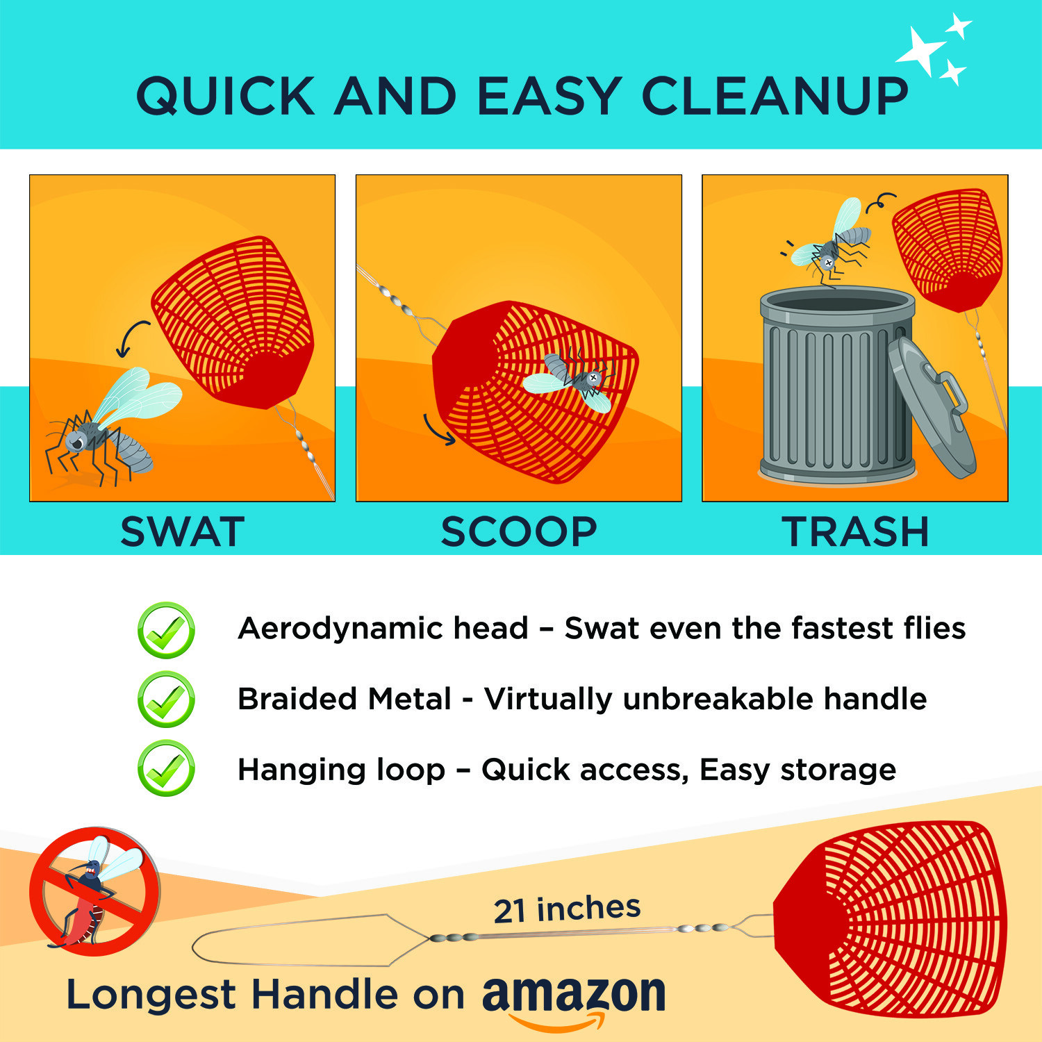 Bug & Fly Swatter – Extra Long Handle– Indoor / Outdoor– Pest Control flyswatter
