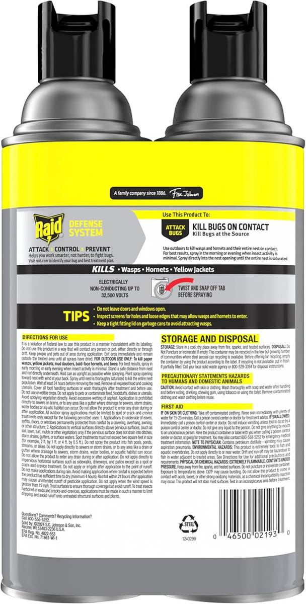 Raid Wasp & Hornet Killer Spray, Kills the Entire Nest, For Paper Wasps, Yellow