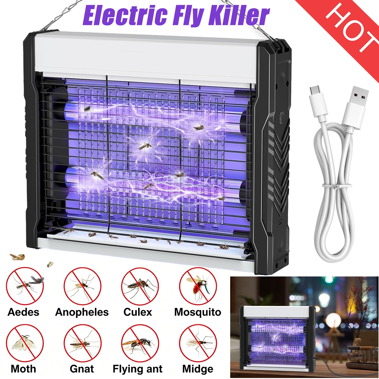 12in Electric Fly Trap 4000V Bug Zapper Mosquito Gnat Killer Indoor Outdoor