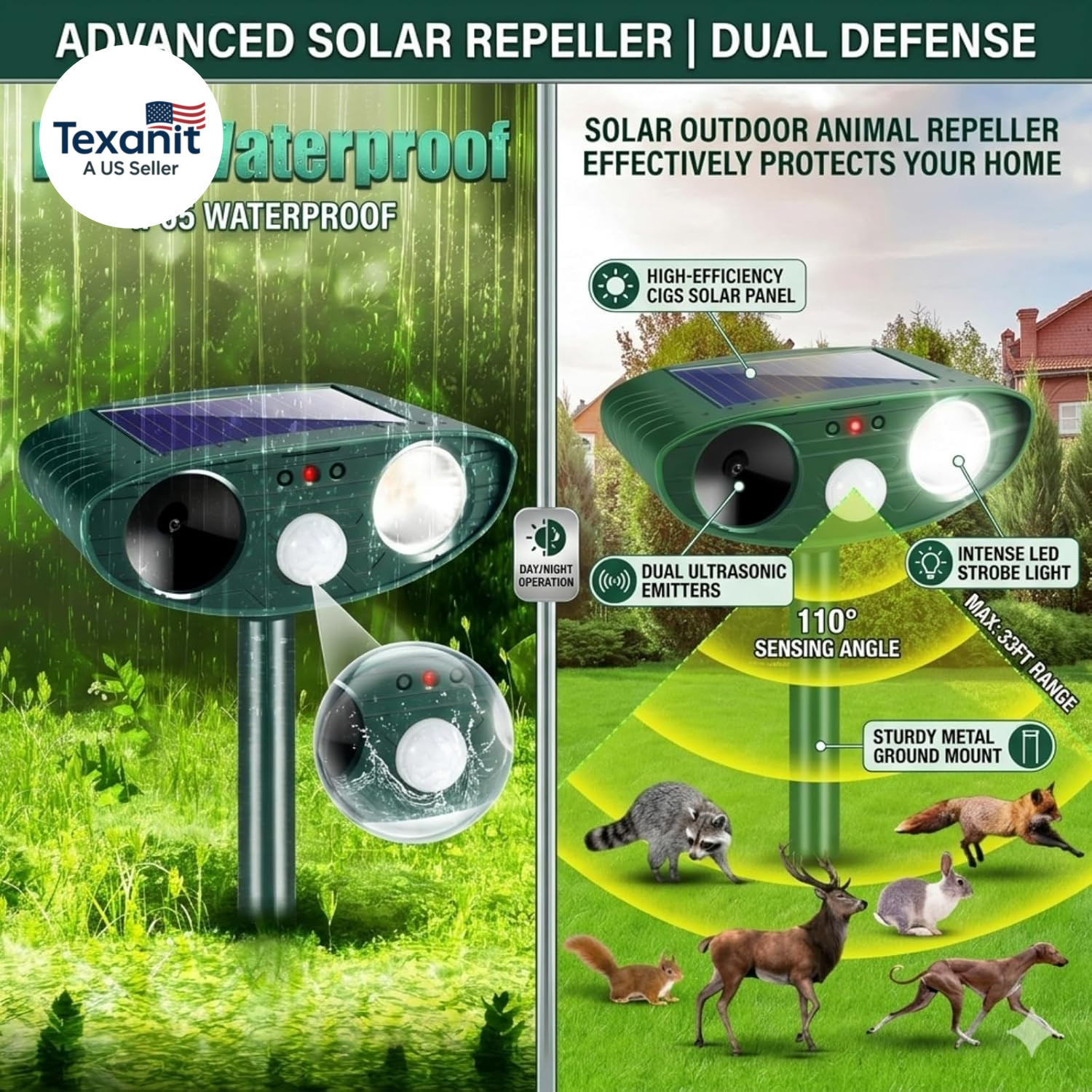 2026 New Squirrel Racoon Fortress Pro Deer Repellent, Solar Ultrasonic Animal Re