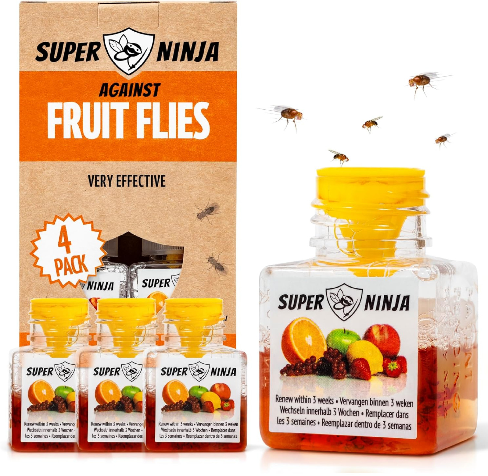 Super Ninja Fruit Fly Traps for Indoors – 4 Pack, Highly Effective Fruit Fly Cat