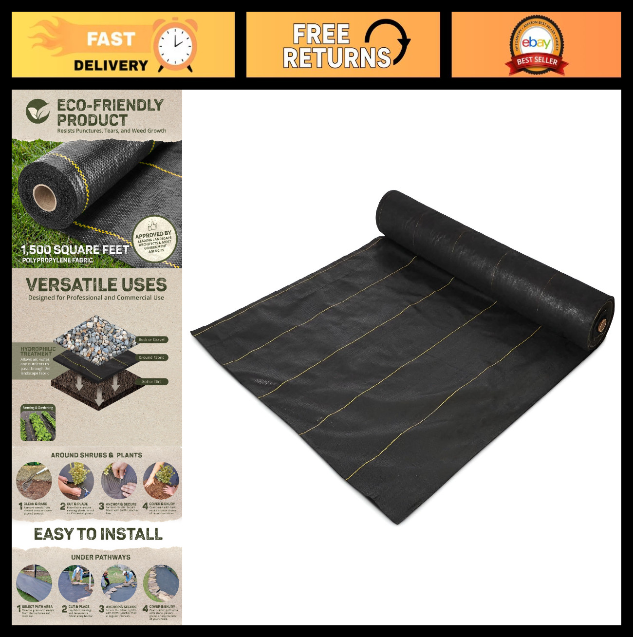 Heavy-Duty Weed Barrier Fabric 3.2 oz, 6×300 ft Ground Cover for Garden & Landsc