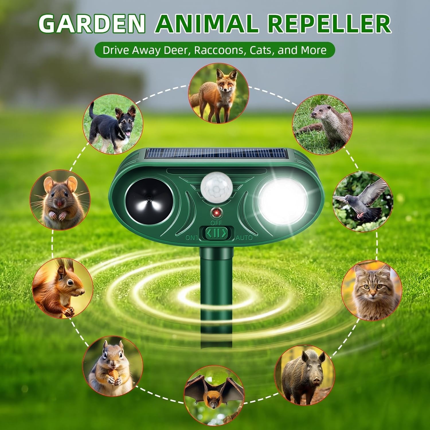 2026 Upgraded Solar Ultrasonic Animal Repellent Motion Activated Deer Repellen