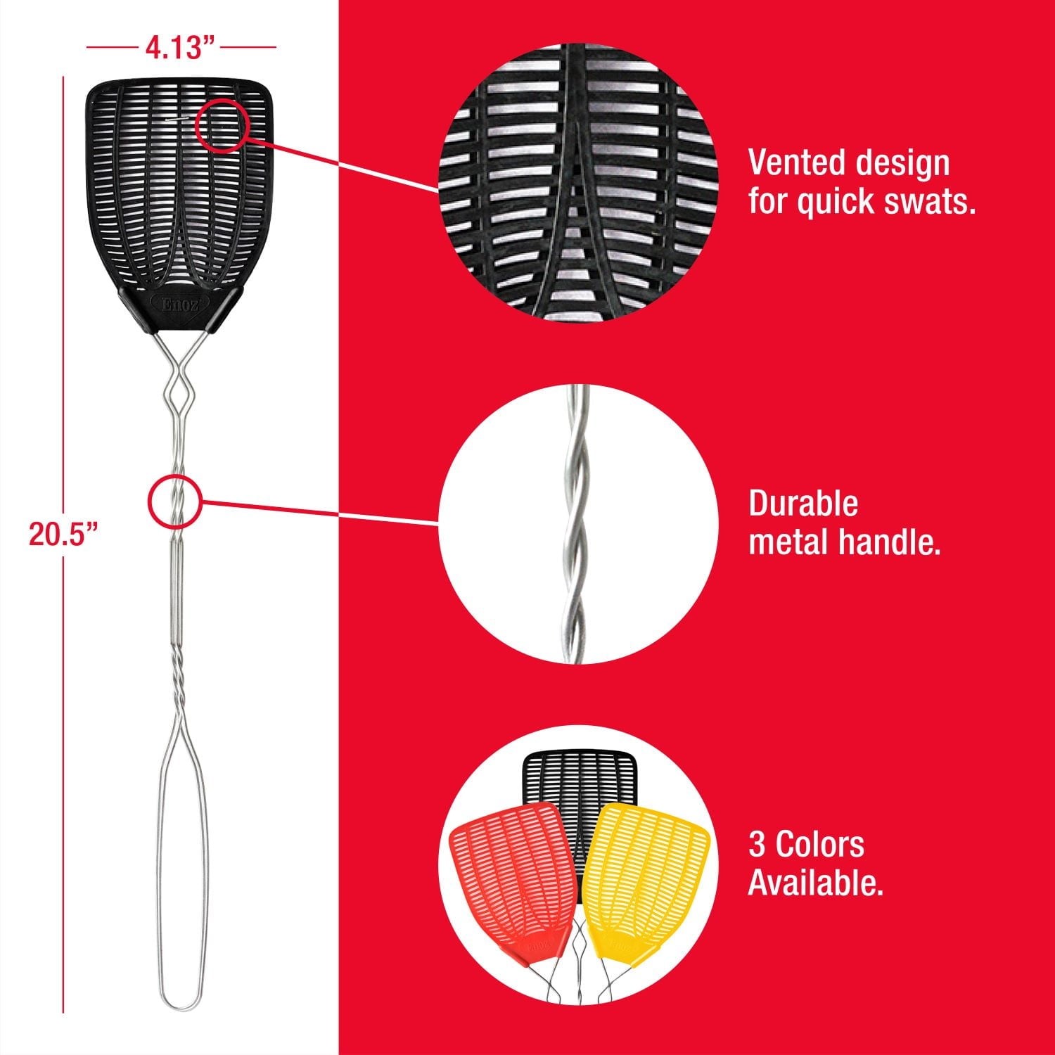 (3 pack) Enoz Fly Swatter, Wire Handled Plastic Fly Swatter, Assorted Colors