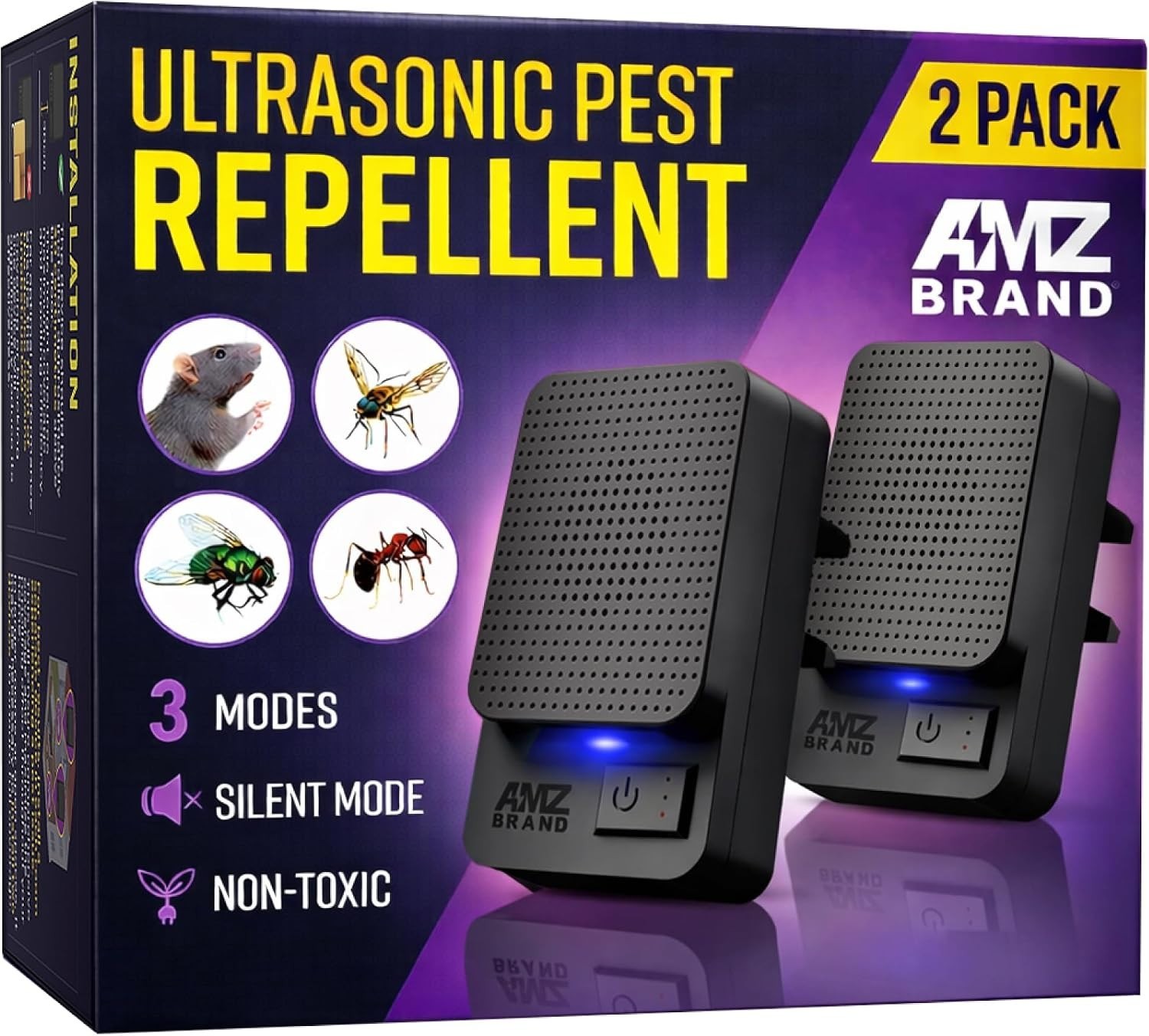 2-Pack Ultrasonic Pest Repeller: Silent Rodent & Insect Deterrent, 3 Modes
