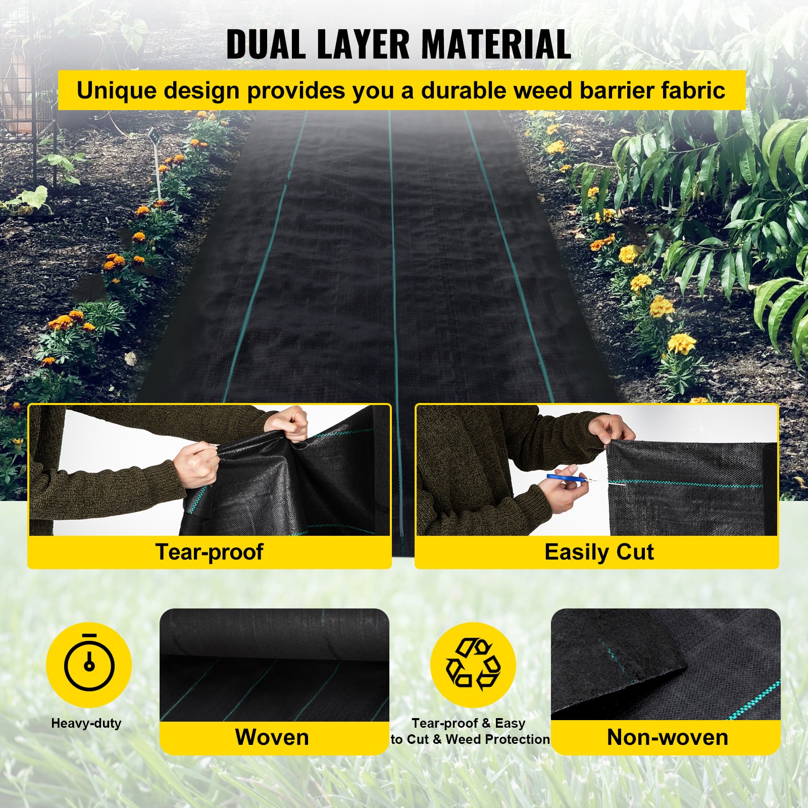 VEVOR 3′ x 300′ Woven Weed Barrier Landscape Fabric Ground Cover Black 5.8oz