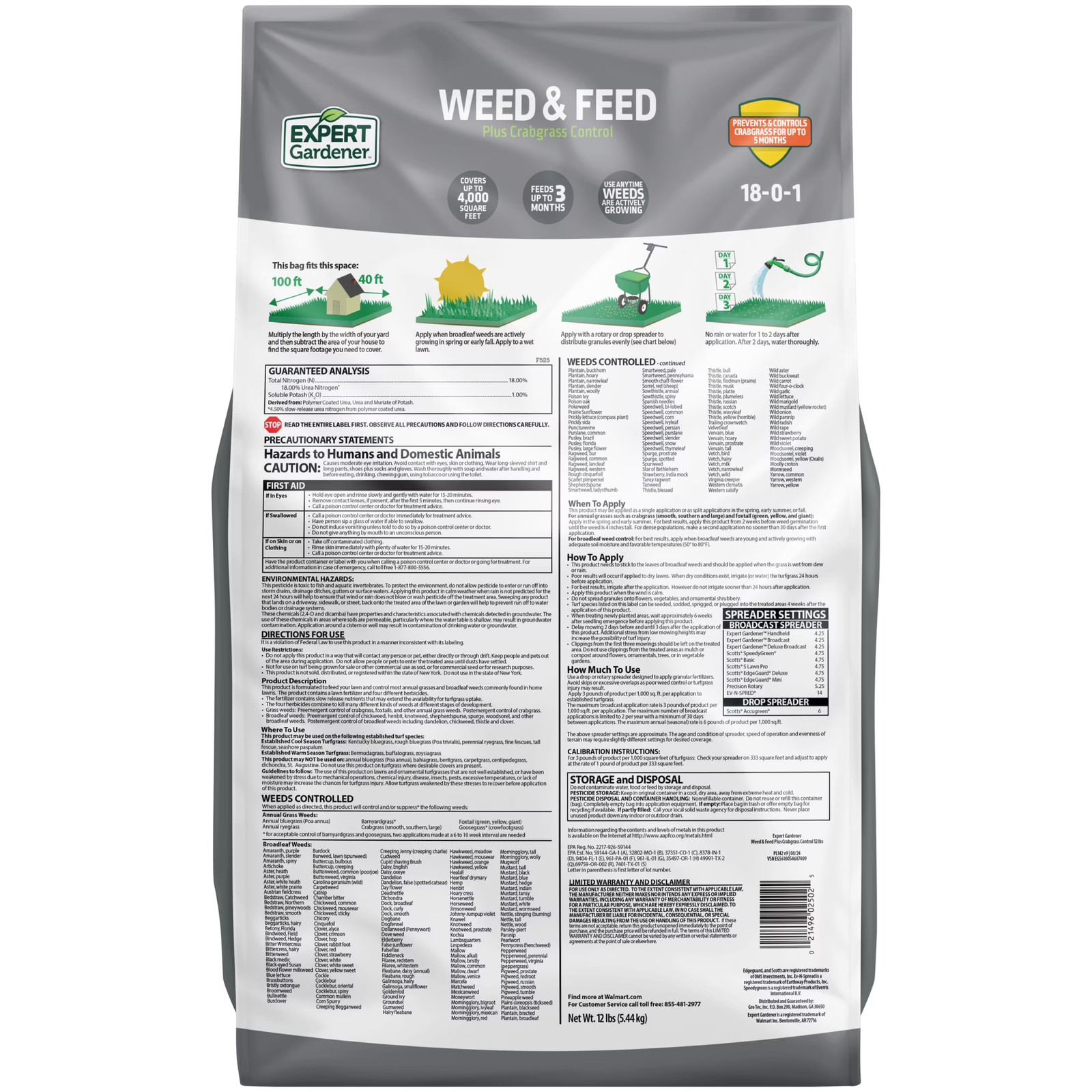 Weed & Feed plus Crabgrass Control, Lawn Fertilizer 18-0-1, 12 Lb. Prevents up t