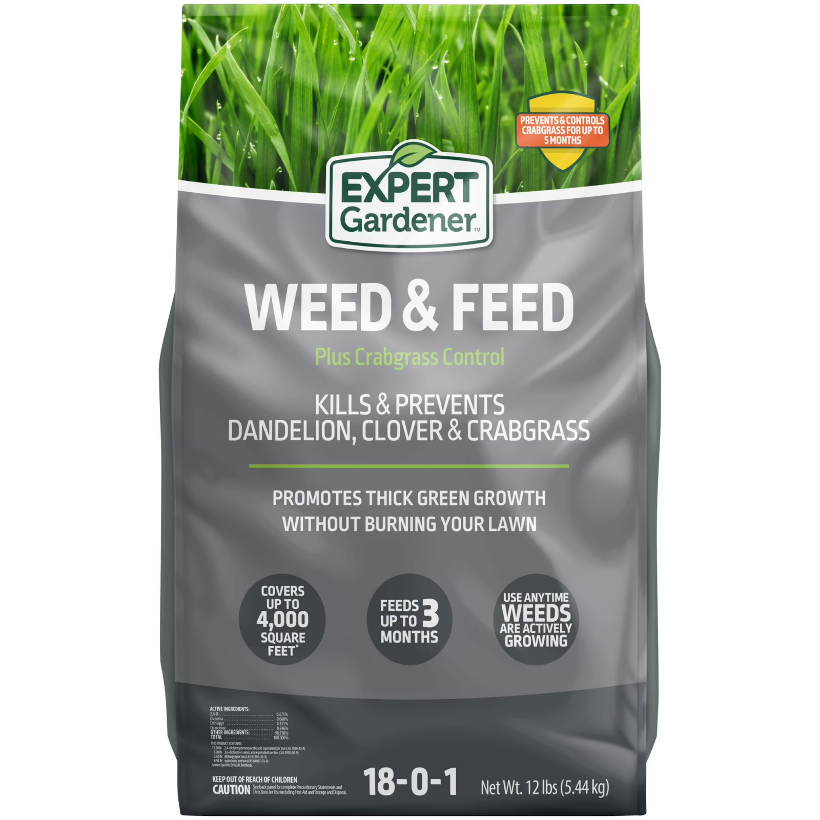 Expert Gardener Weed & Feed Plus Crabgrass Control, Lawn Fertilizer 18-0-1, 12 l