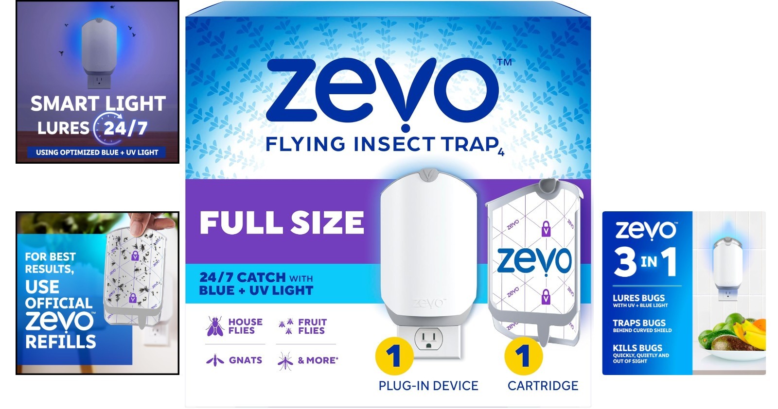 24/7 Indoor Fly Trap – Plug-in Bug Light with Easy No-Mess Cartridge Replacement