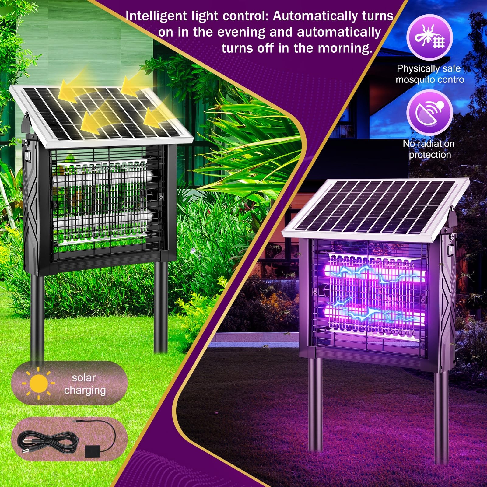 1 Pcs Solar Bug Zapper Outdoor with Rotatable Panel, 3000V Electric Fly Zappe…