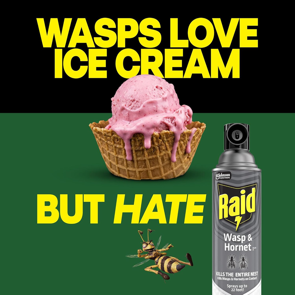 Raid Wasp & Hornet Killer Spray, Kills the Entire Nest, For Paper Wasps, Yellow