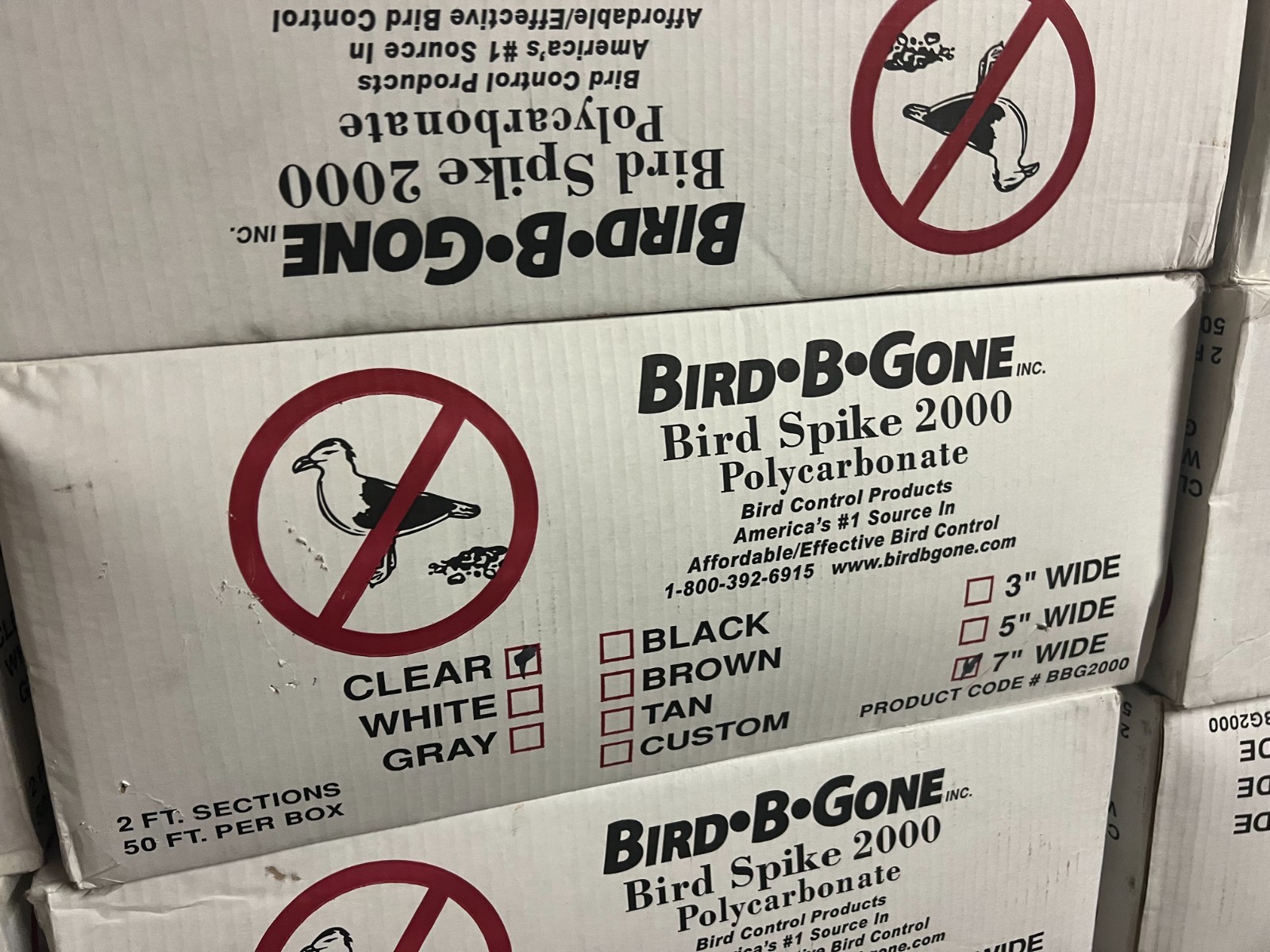 BIRD-B-GONE Bird SPIKES Clear Plastic 50ft Box. 2 Ft Sections 7” Wide