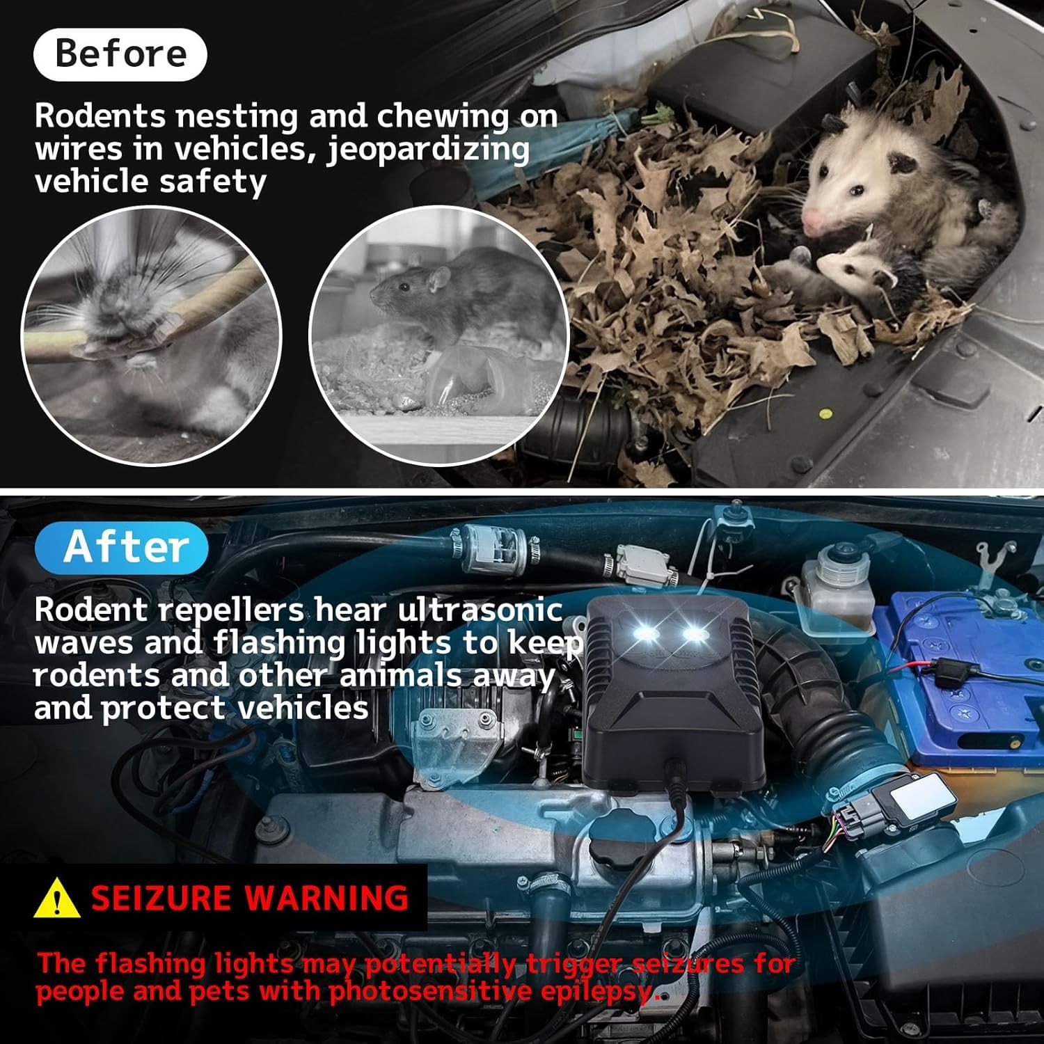 2 Pack Ultrasonic Rodent Repellent for Car Engines Under Hood Animal Repeller