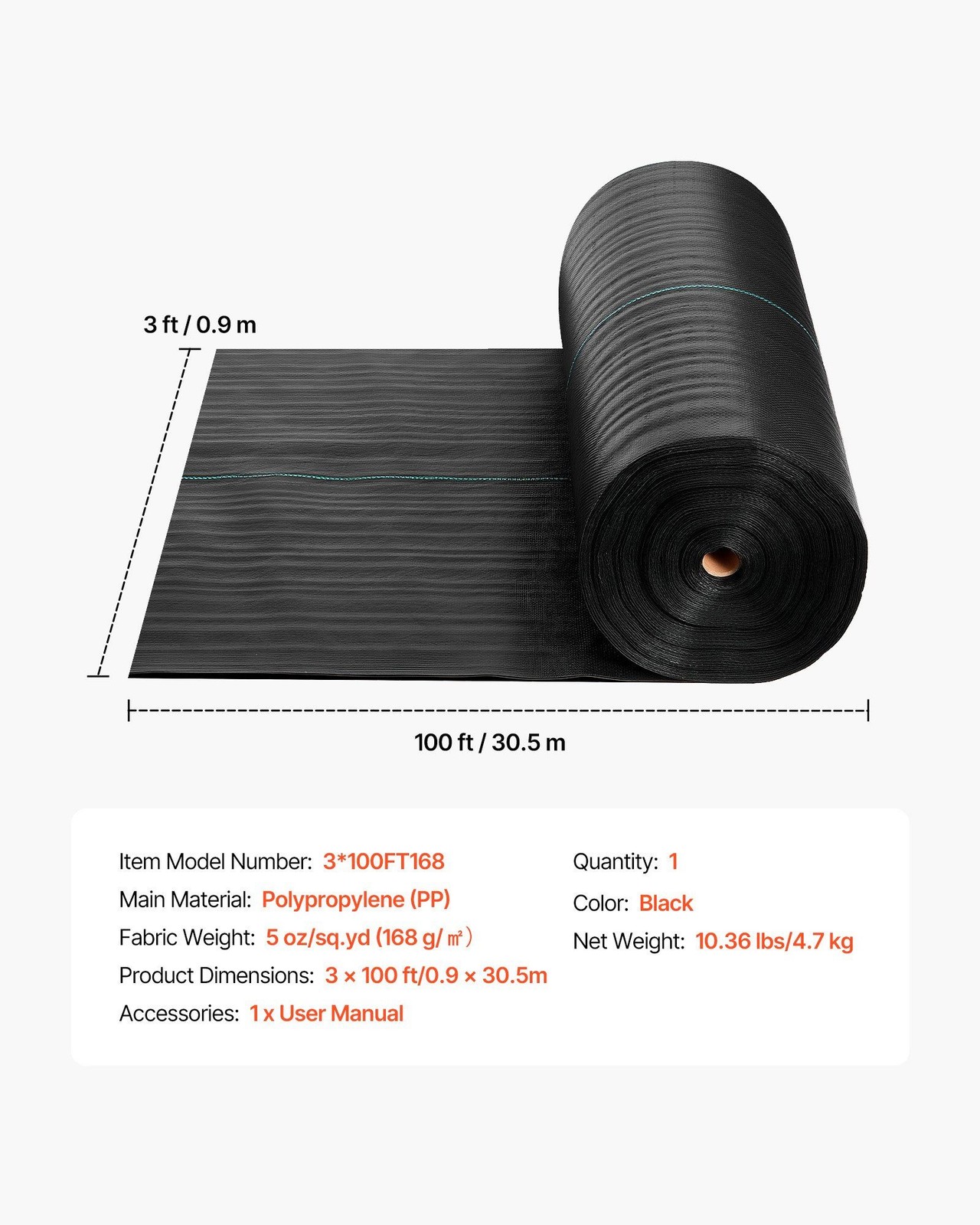 Heavy-Duty 3x100ft Weed Barrier Fabric, 5oz Woven Polypropylene Black Mat