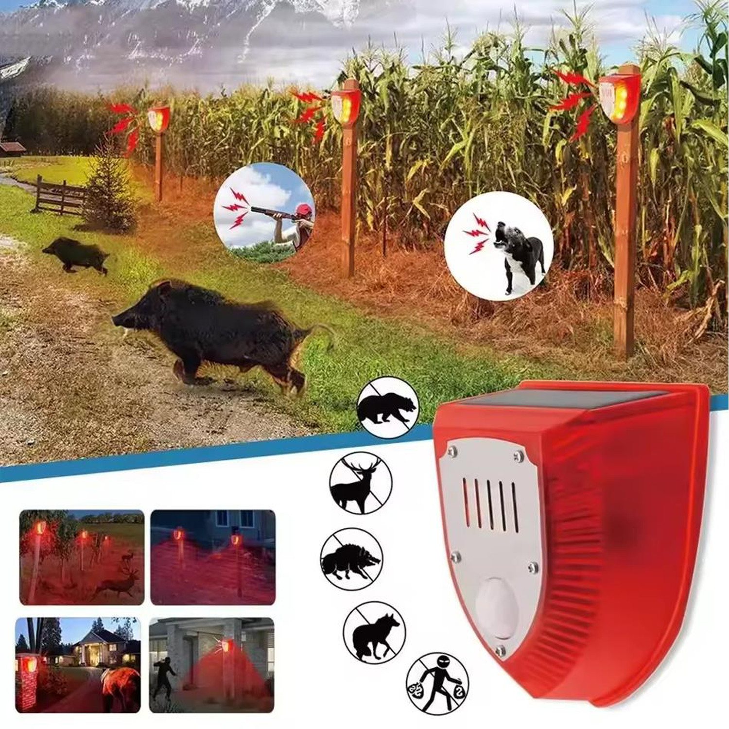 3 Modes Solar Motion Sensor Alarm Light Outdoor Dog Barking Gunshot Sound 129db