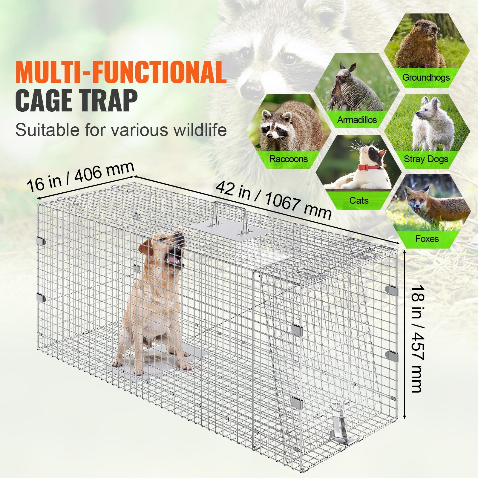 VEVOR Live Animal Cage Trap 42″ x 16″ x 18″ Humane Cat Trap Cats Squirrels Mouse