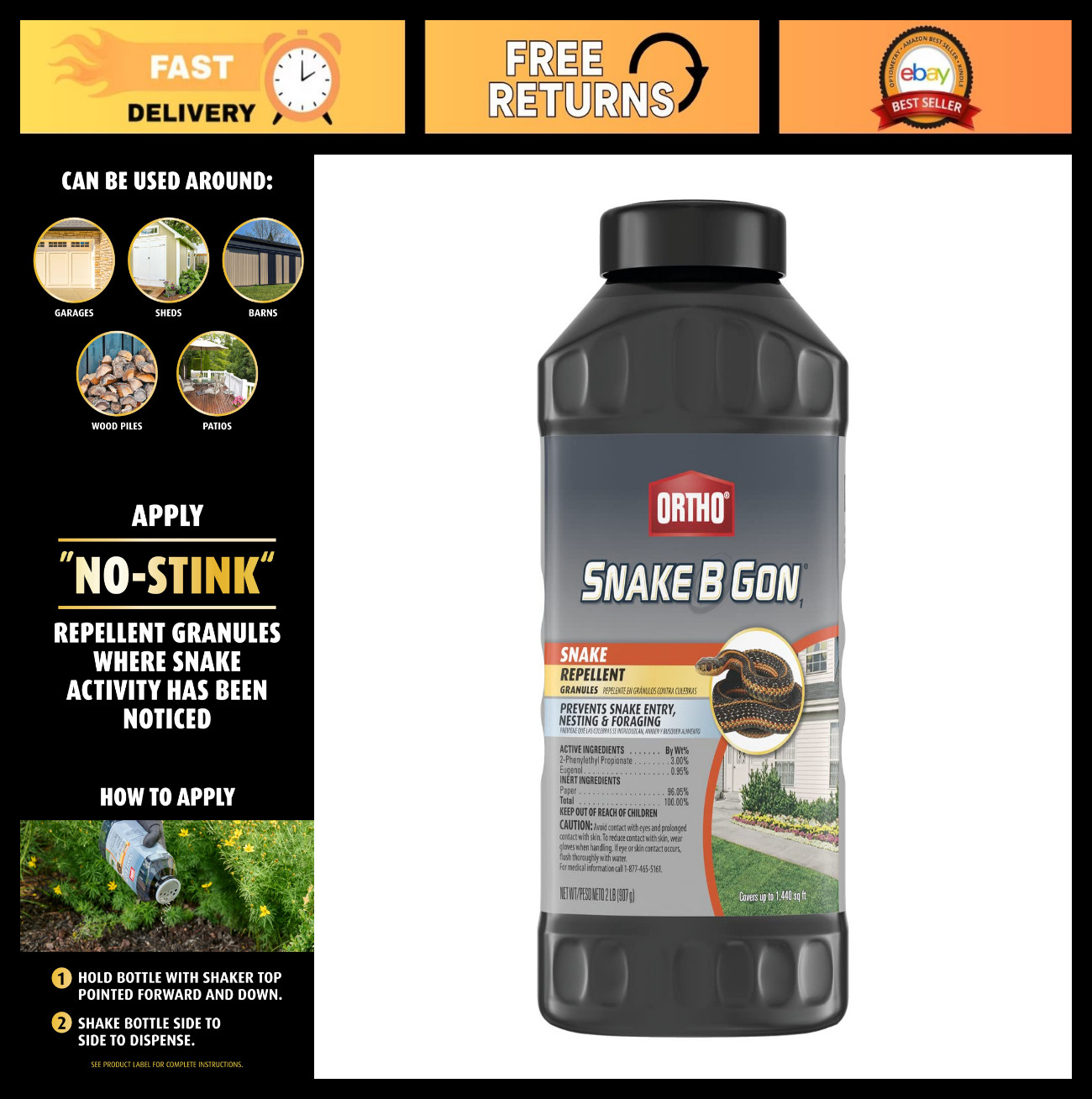 Snake Repellent Granules for Yard – No-Stink Formula, Covers 1,440 sq. ft., 2 lb