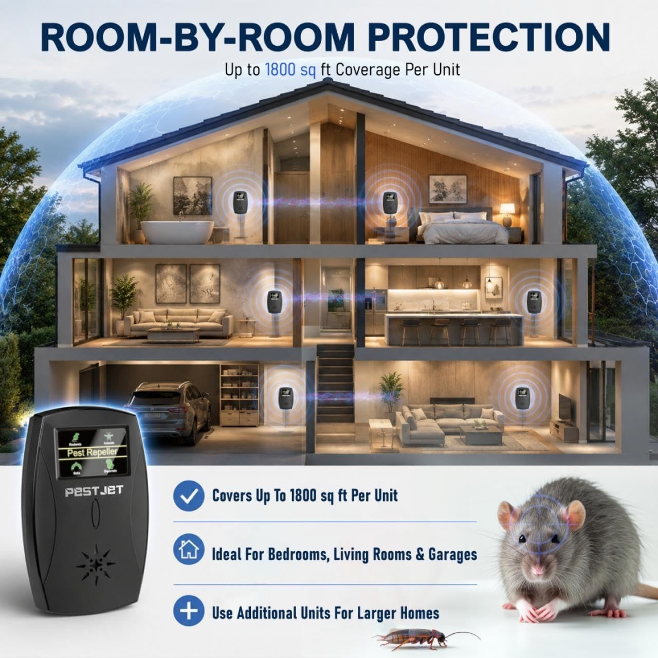 Ultrasonic Pest Repeller 1 Unit Black LCD Display Indoor Outdoor Mice Rats Ba…