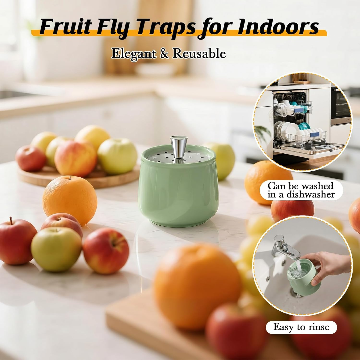 Ceramic Fruit Fly Trap for Indoors, Reusable Kitchen Fly Catcher with Stainless
