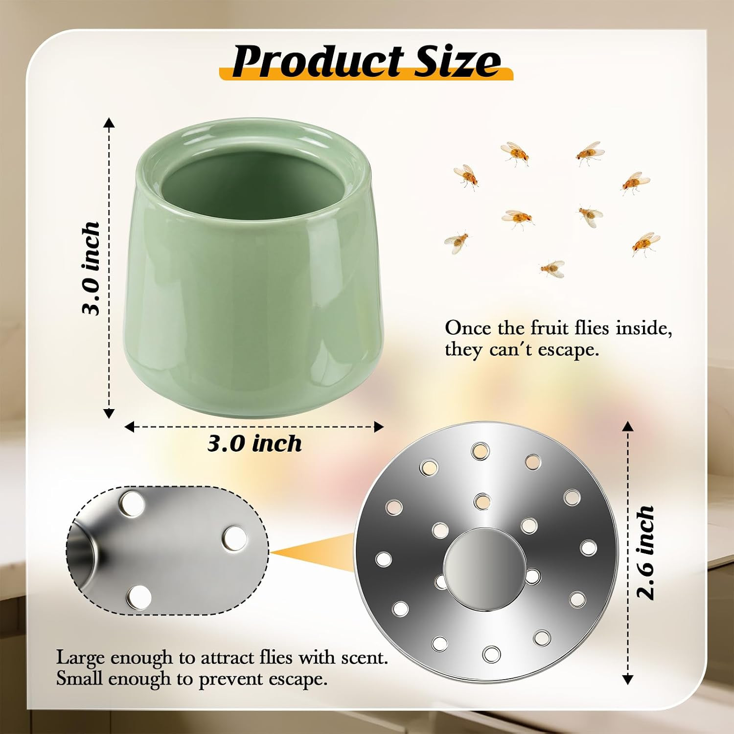 Ceramic Fruit Fly Trap for Indoors, Reusable Kitchen Fly Catcher with Stainless