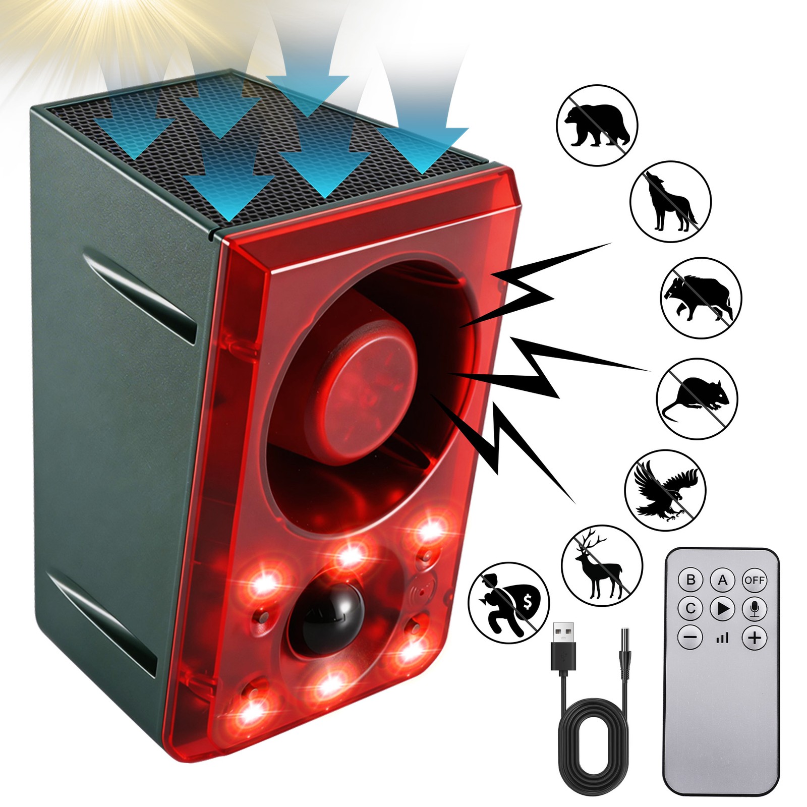 Solar Outdoor Motion Sensor Alarm 130dB Dog Barking & Gunshot Sound Strobe Light