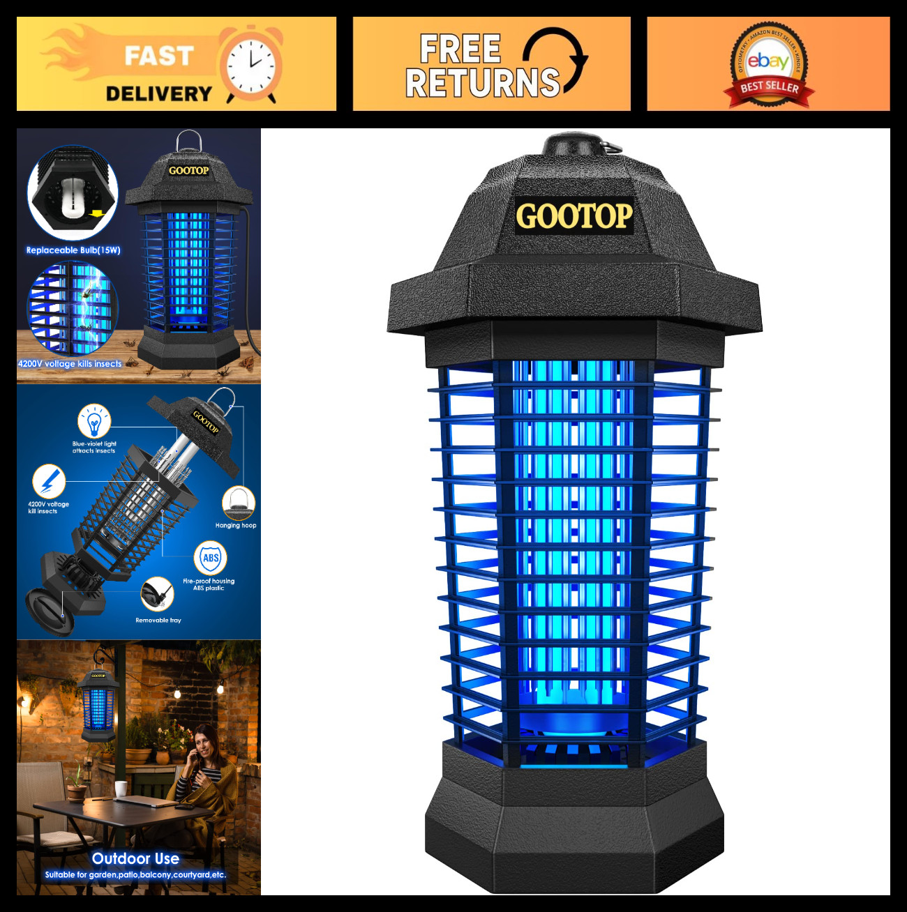 Outdoor Electric Bug Zapper – 4200V Mosquito & Fly Killer, Indoor/Outdoor Insect