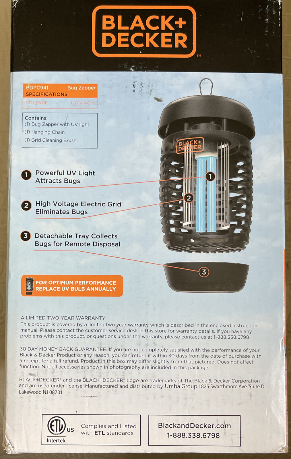 BLACK+DECKER BDPC941 Outdoor Hanging Bug Zapper 600 Square Ft UV Detachable Tray