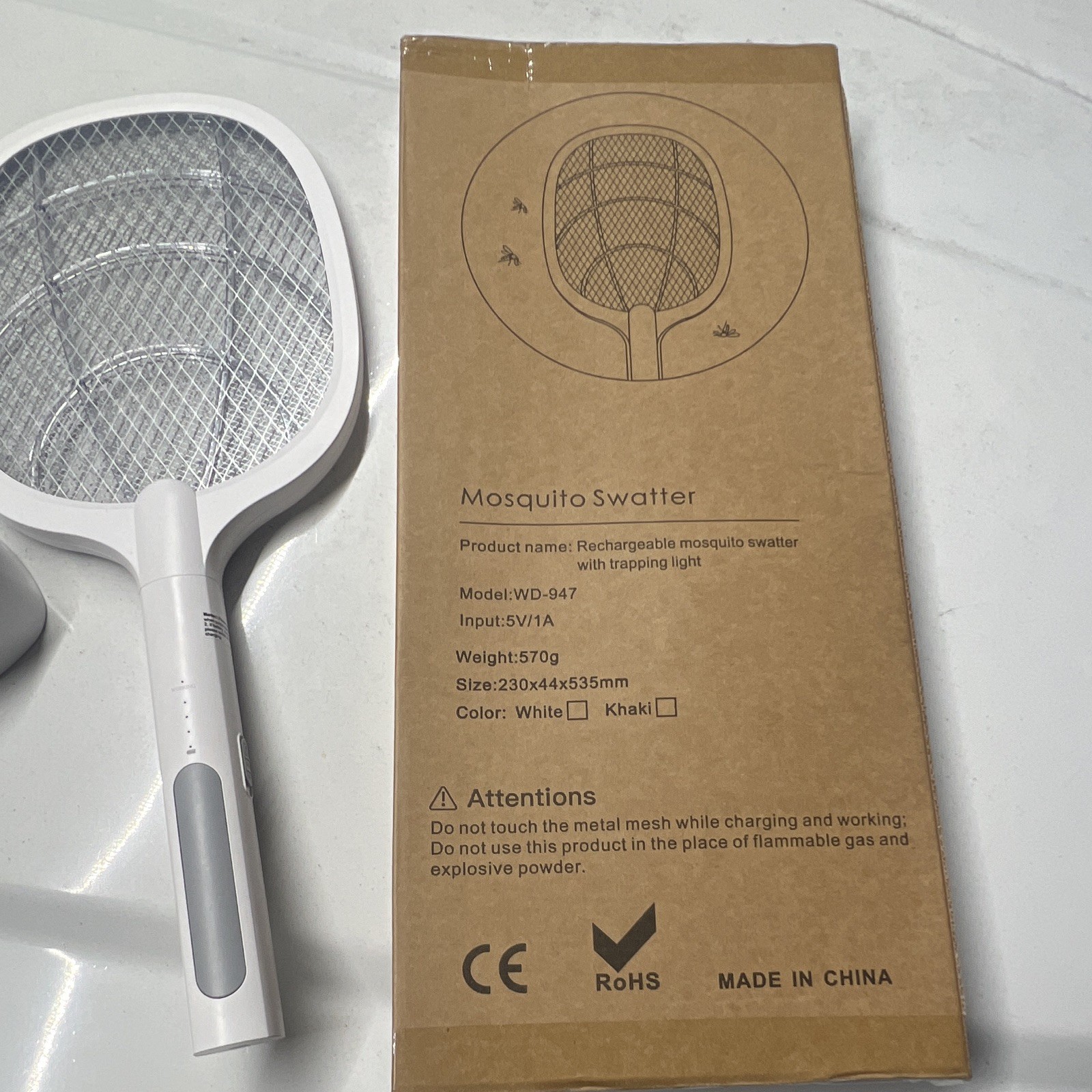 Rechargeable Electric Mosquito Swatter Racket USB Charging Base White WD-947