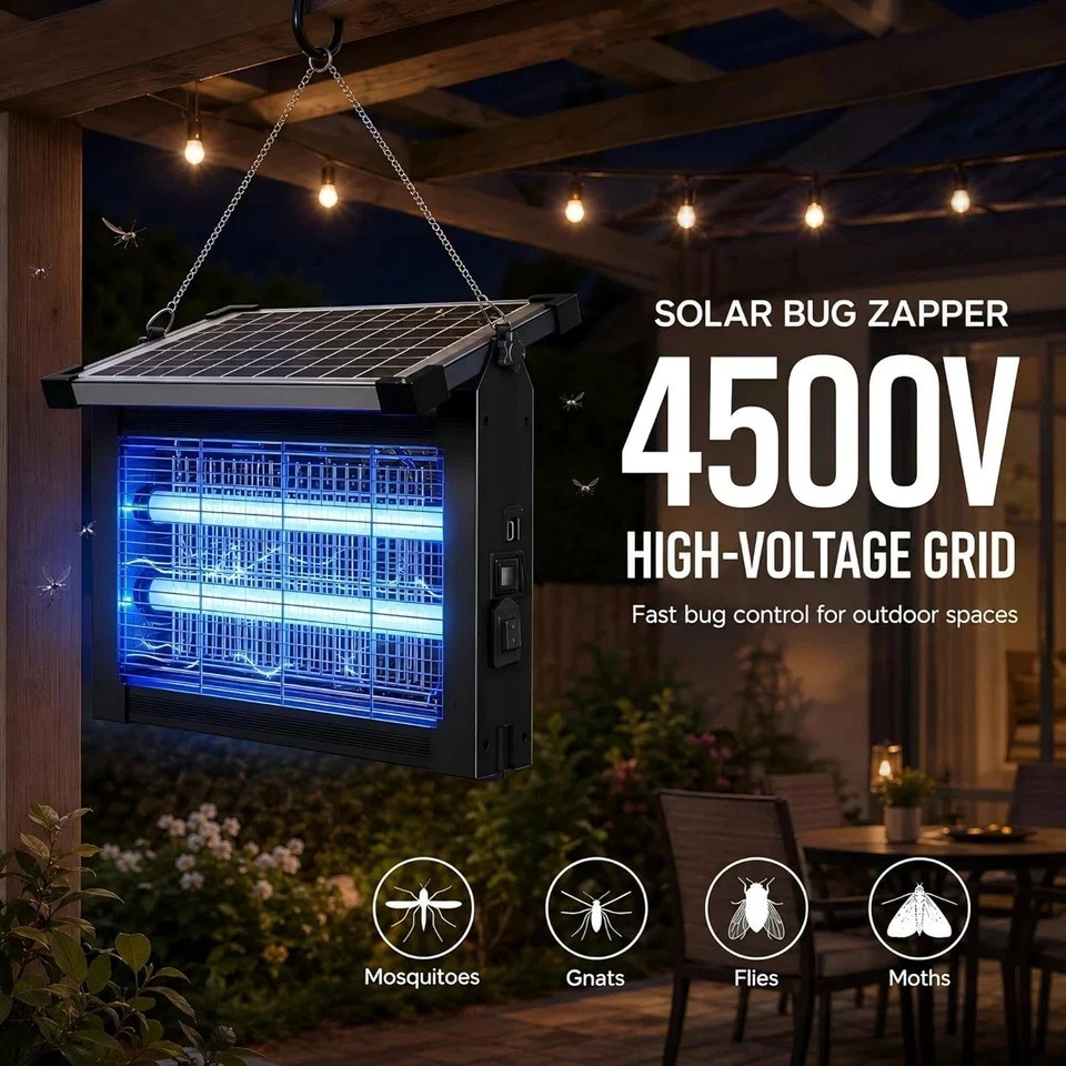 Solar Bug Zapper Outdoor Waterproof, Mosquito Zapper USB-C Rechargeable Solar Bu
