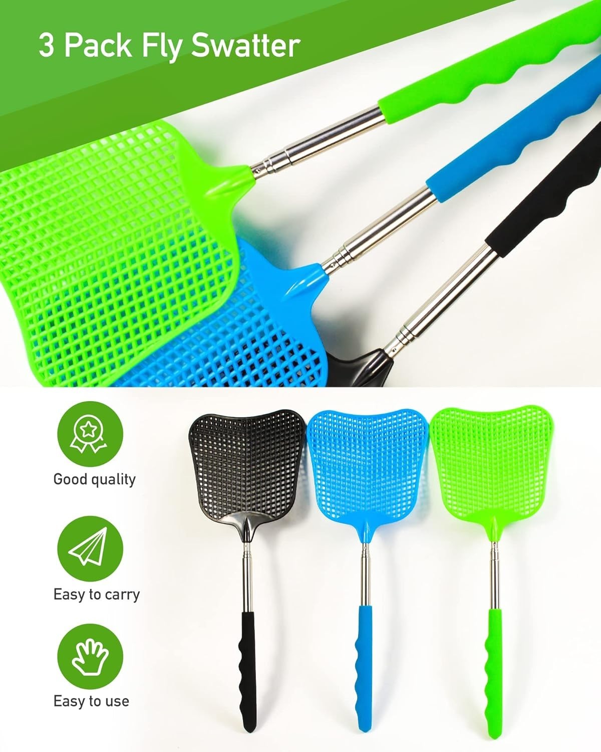 3 Pcs Fly Swatter, Fly Swatter Plastic,Telescopic Fly Swatters, Large Bug Swatte