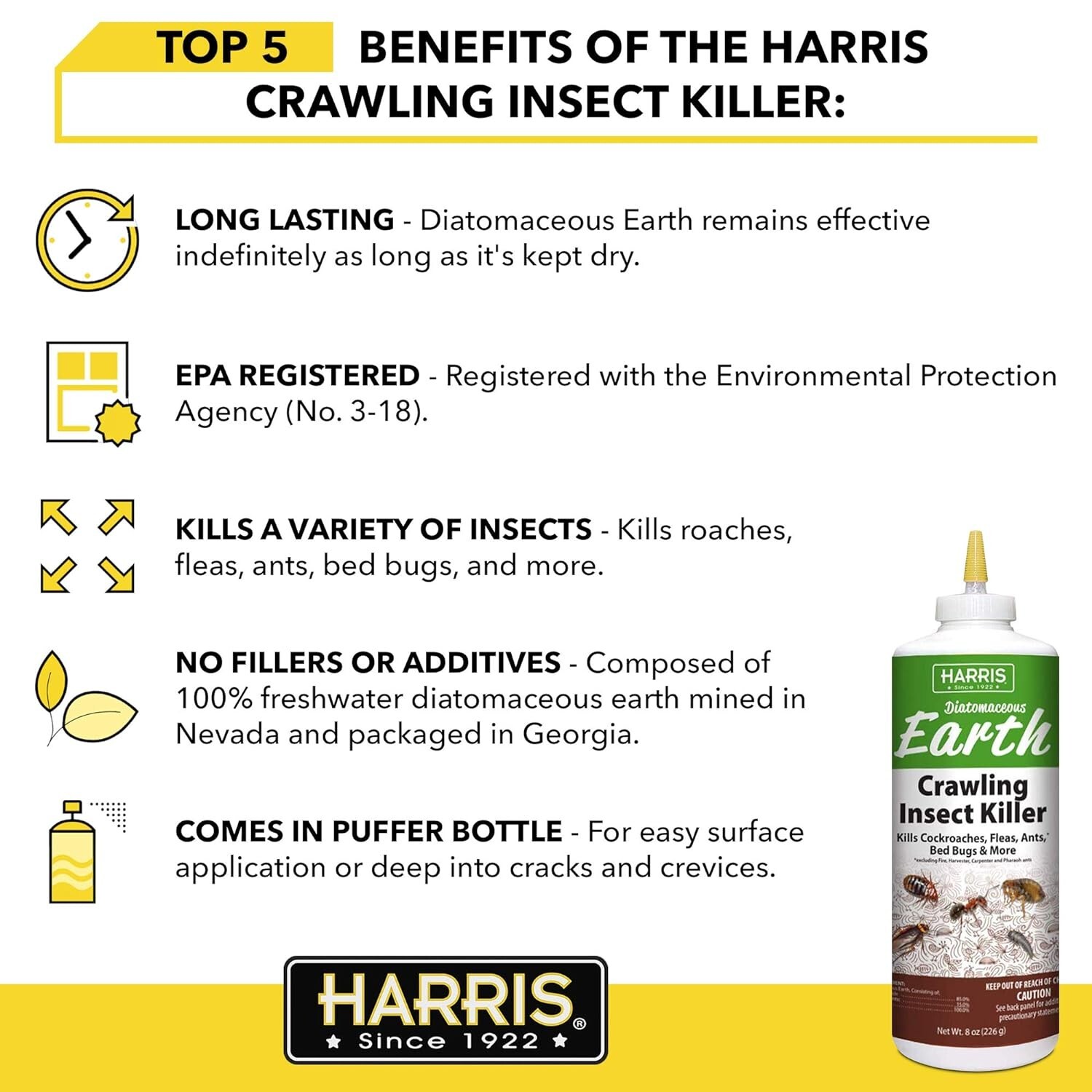 Harris Diatomaceous Earth Crawling Insect Killer, 8oz for Roaches, Fleas, Ants,