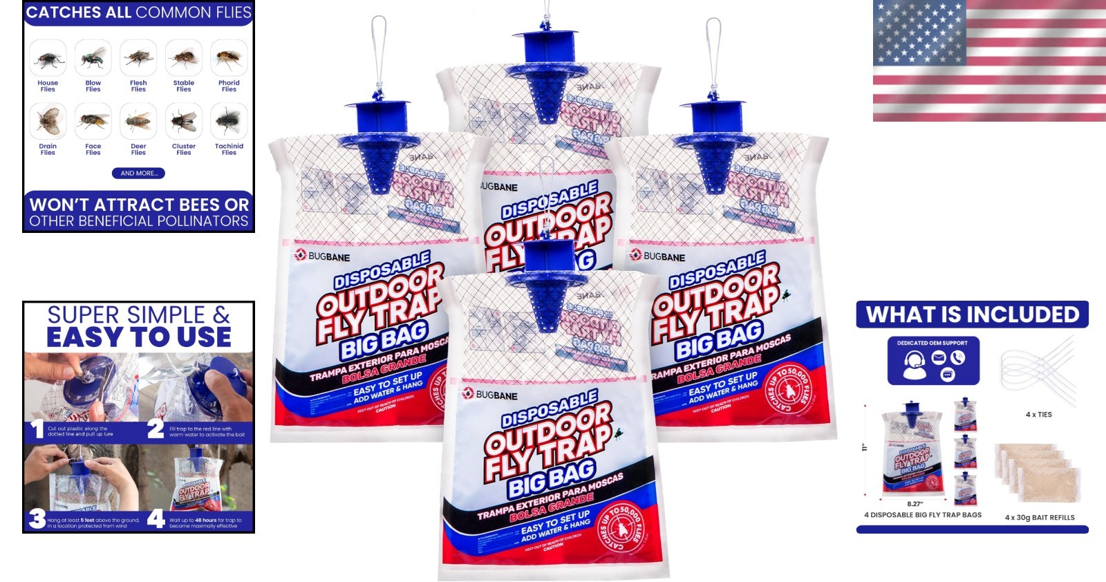 4 Large Pre-Baited Fly Bags – Safe and Easy Hanging Traps for Outdoors
