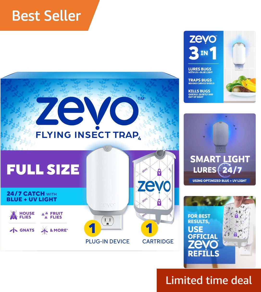 24/7 Indoor Fly Trap – Plug-in Bug Light with Easy No-Mess Cartridge Replacement