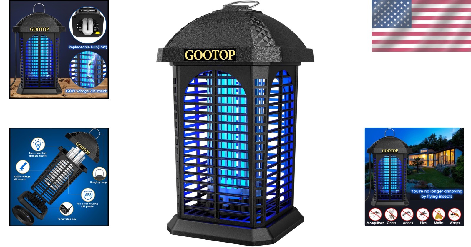Bug Zapper Outdoor Indoor 4200V Electric Mosquito Killer 1 Unit 90-130V ABS P…