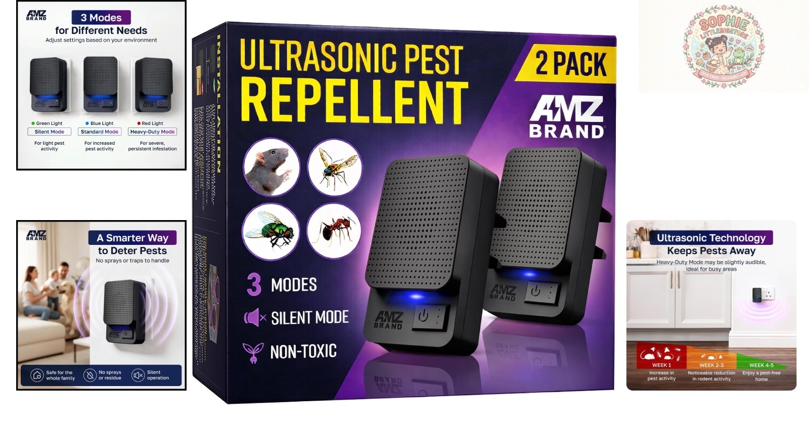 2-Pack Ultrasonic Pest Repeller: Silent Rodent & Insect Deterrent, 3 Modes