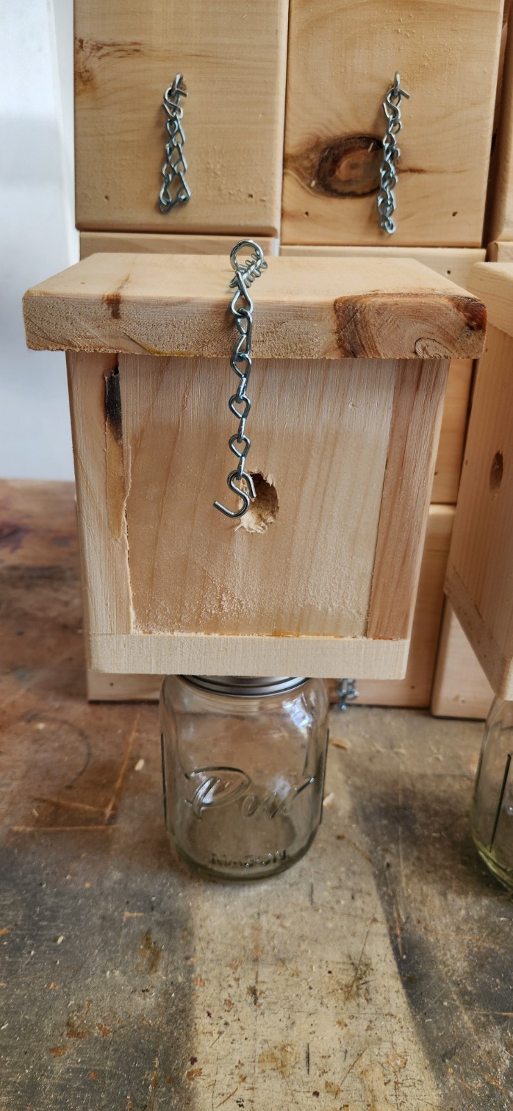 Set of 2 Carpenter Bee Traps Handmade Wood w/ Mason Jars Hanging Outdoor USA