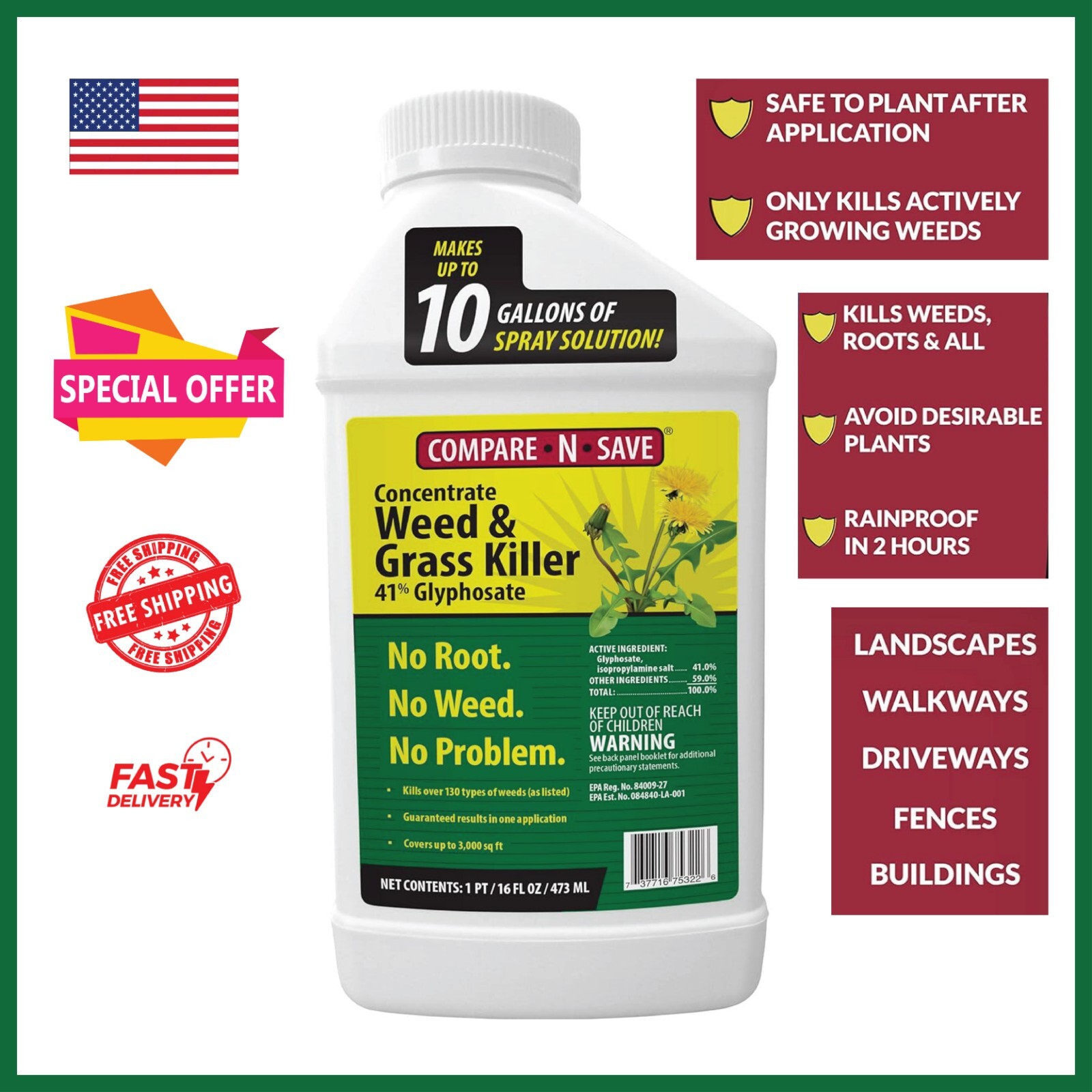 Herbicide Concentrate Mix Root Weed Grass Killer Rainproof 41% Glyphosate 16oz
