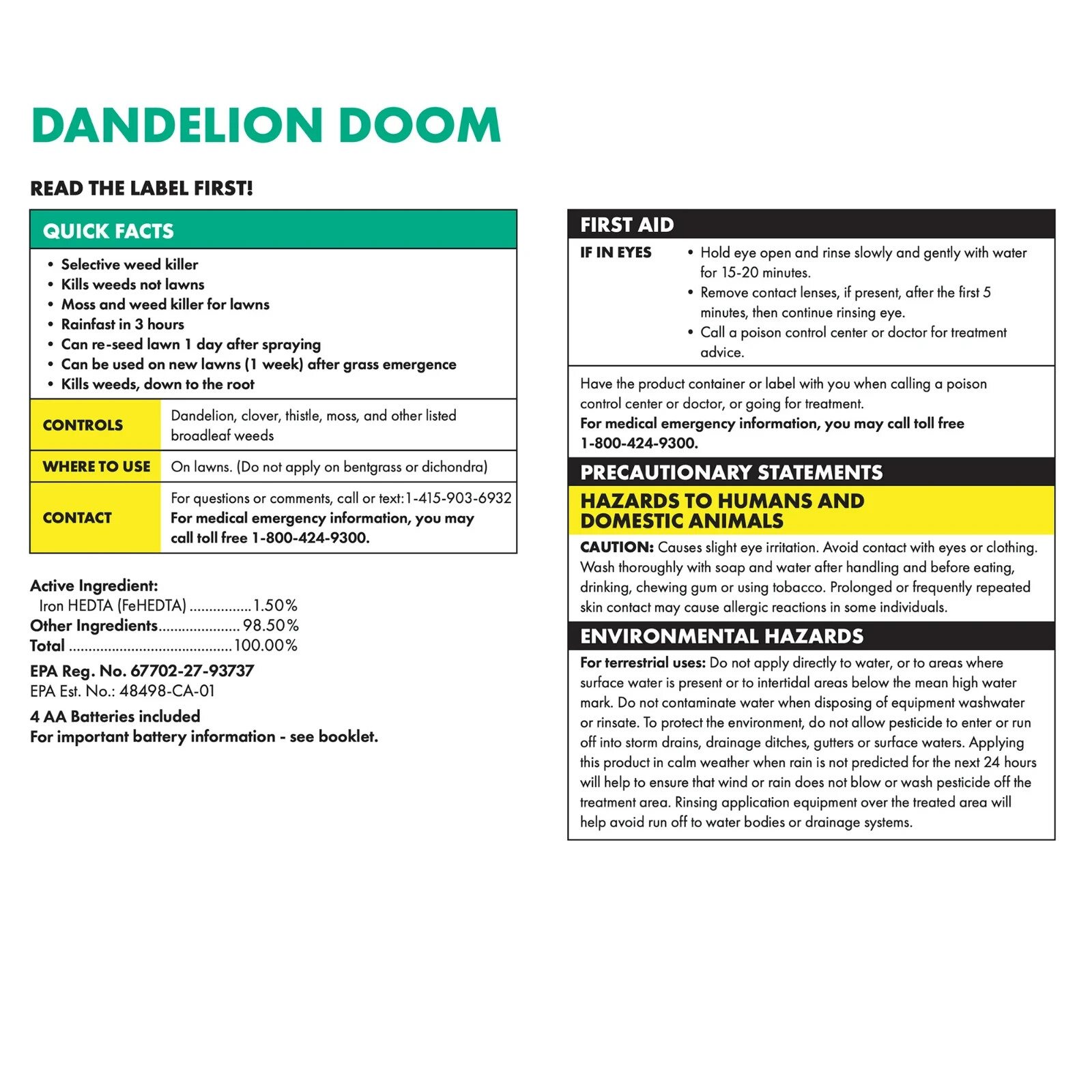 SUNDAY Dandelion Doom Herbicide Spot Treatment – Kills Weed Not Lawns! – NEW!